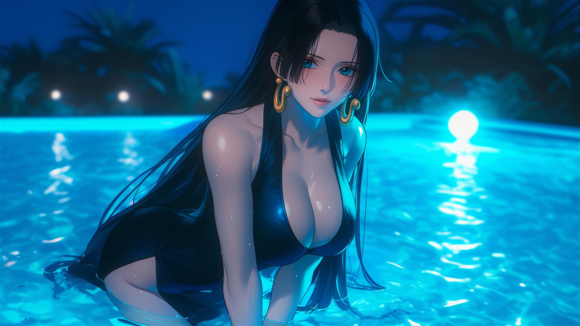 Boa Hancock from One Piece jumps high out of a swimming pool under moonlight.