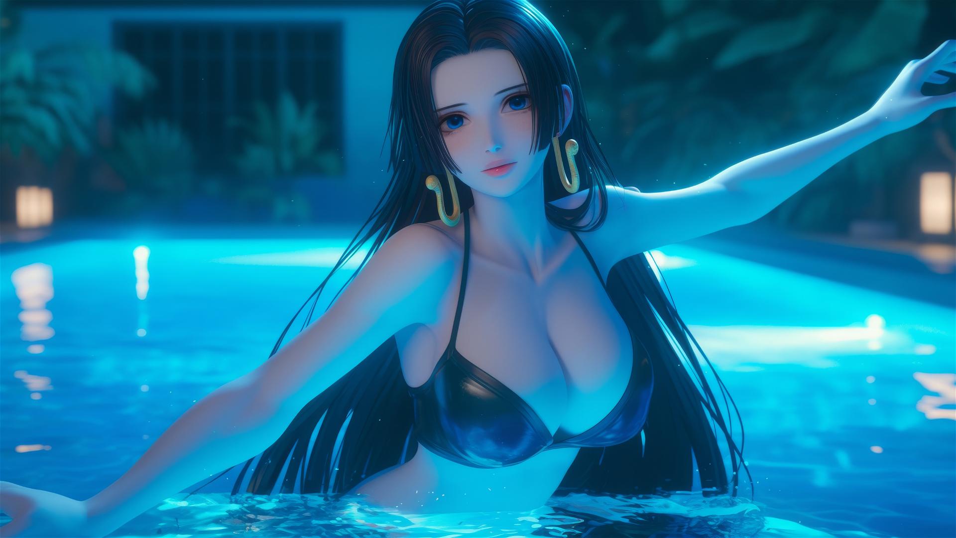 Boa Hancock jumping from a pool under moonlight