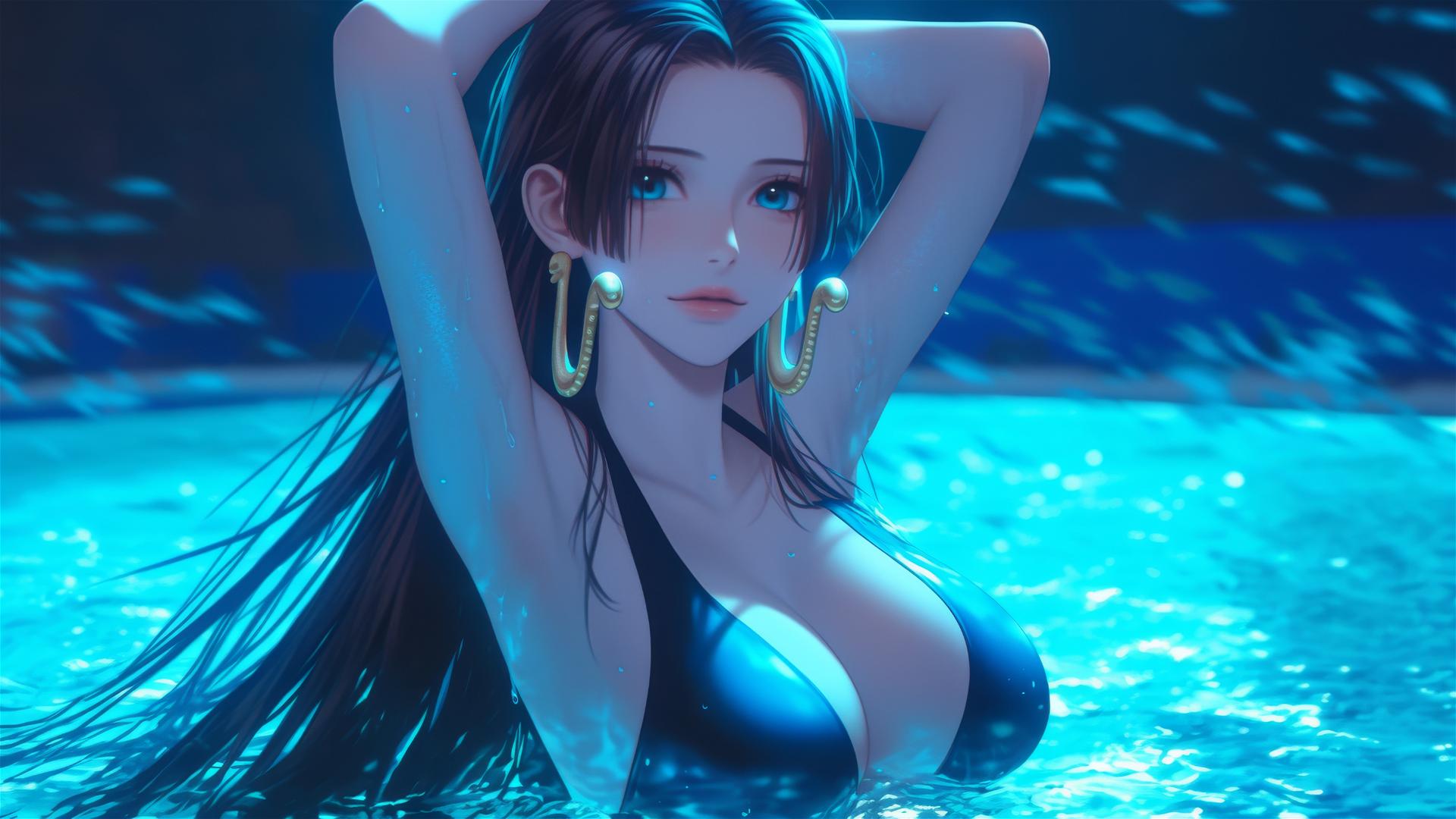 Boa Hancock from One Piece jumps out of a pool under moonlight