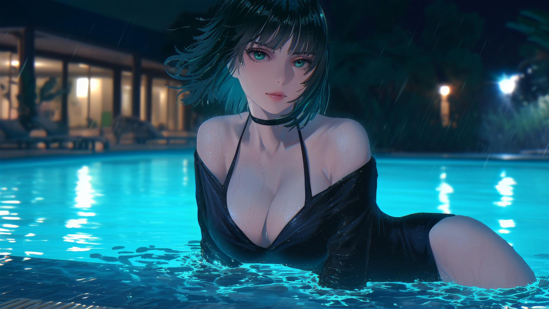 Fubuki from One Punch Man resting at a rainy swimming pool, moonlight glow