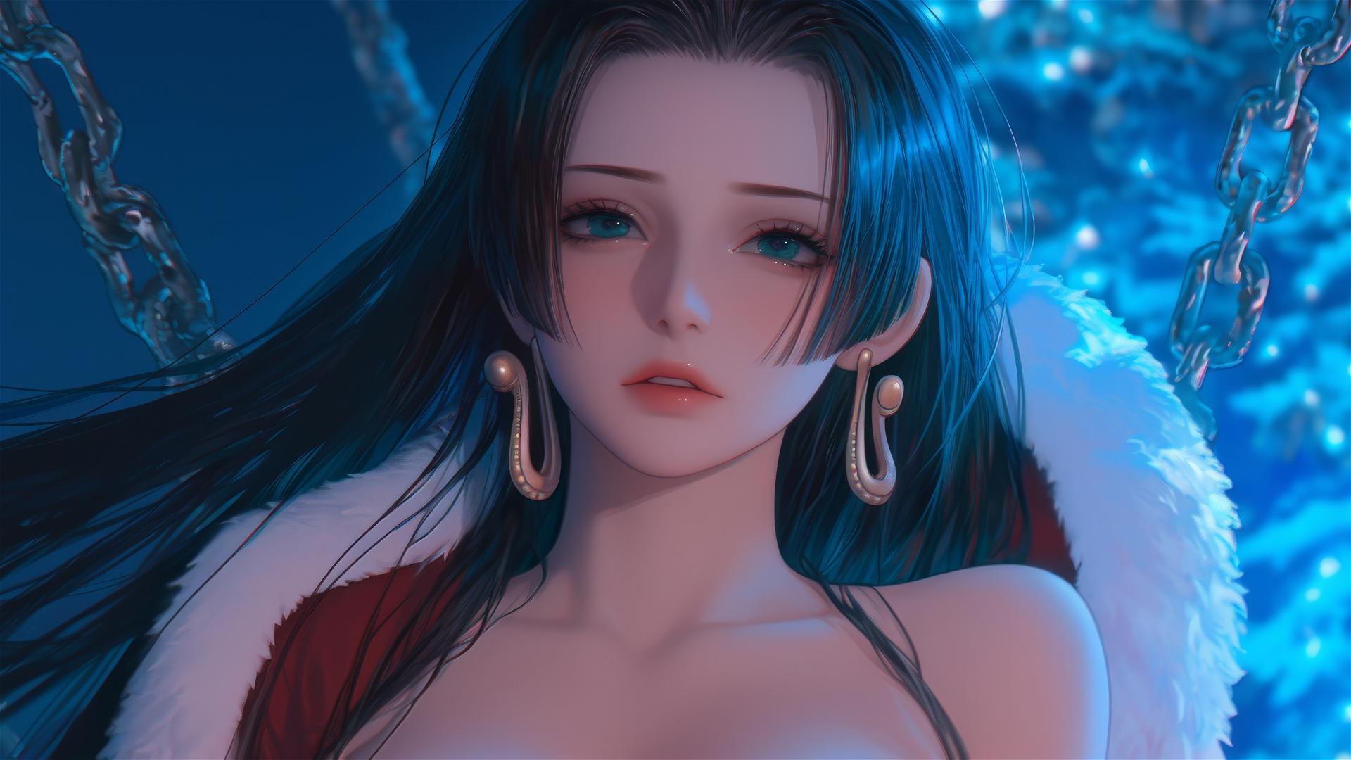 Boa Hancock in Christmas attire, chained in a hotel room with neon lighting