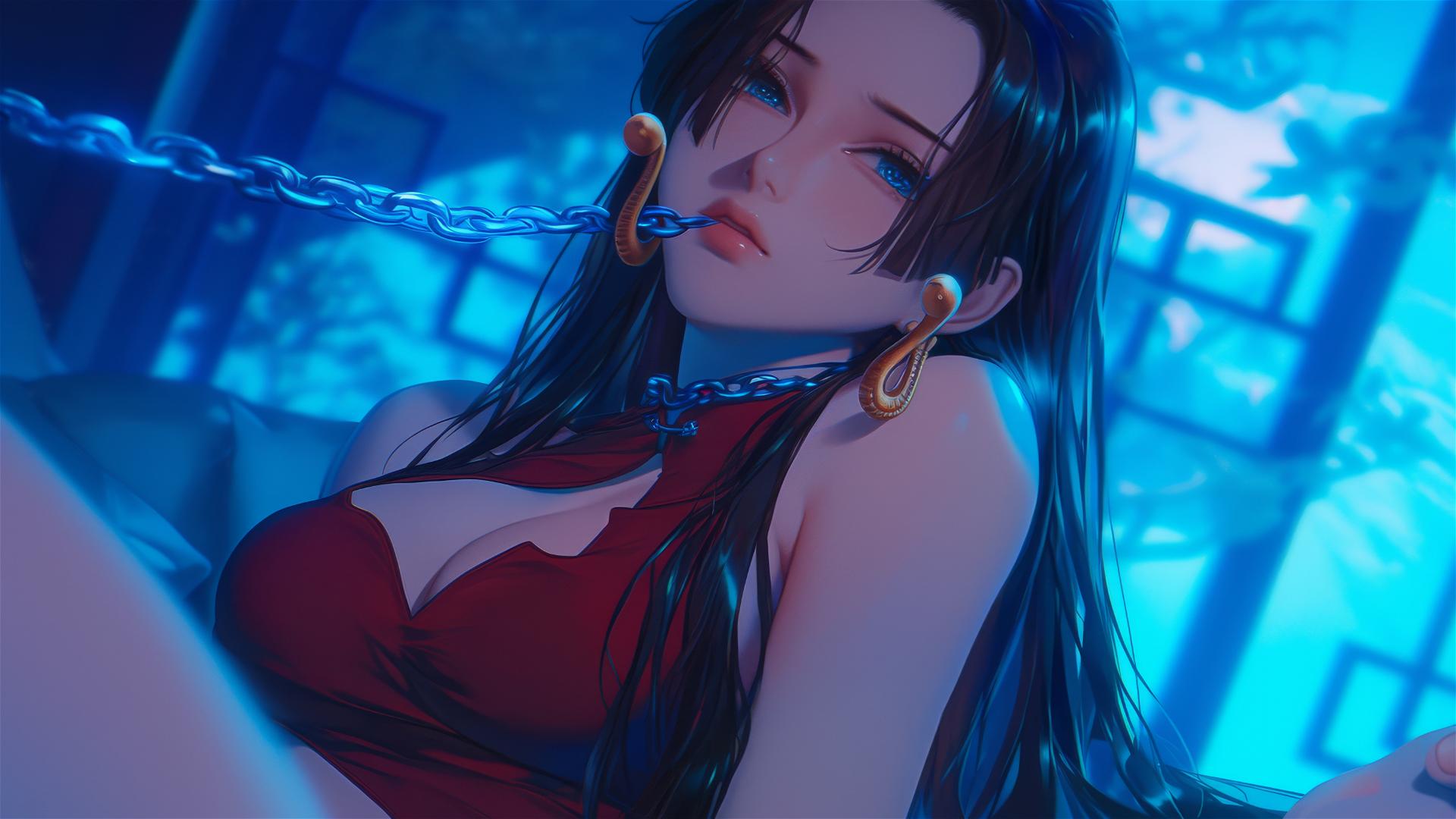 Boa Hancock chained in a modern hotel room with neon glow