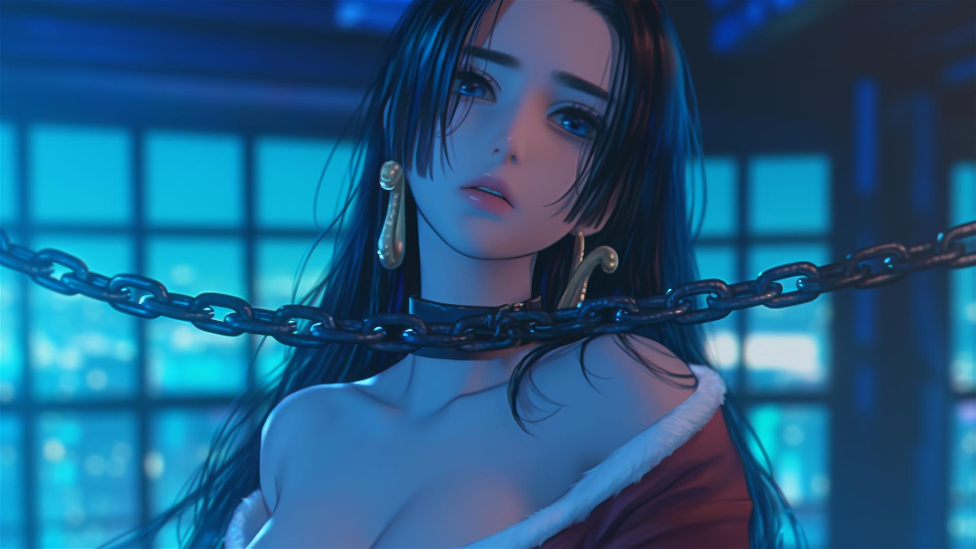 Boa Hancock with thick iron chains in a modern hotel room under warm neon light.