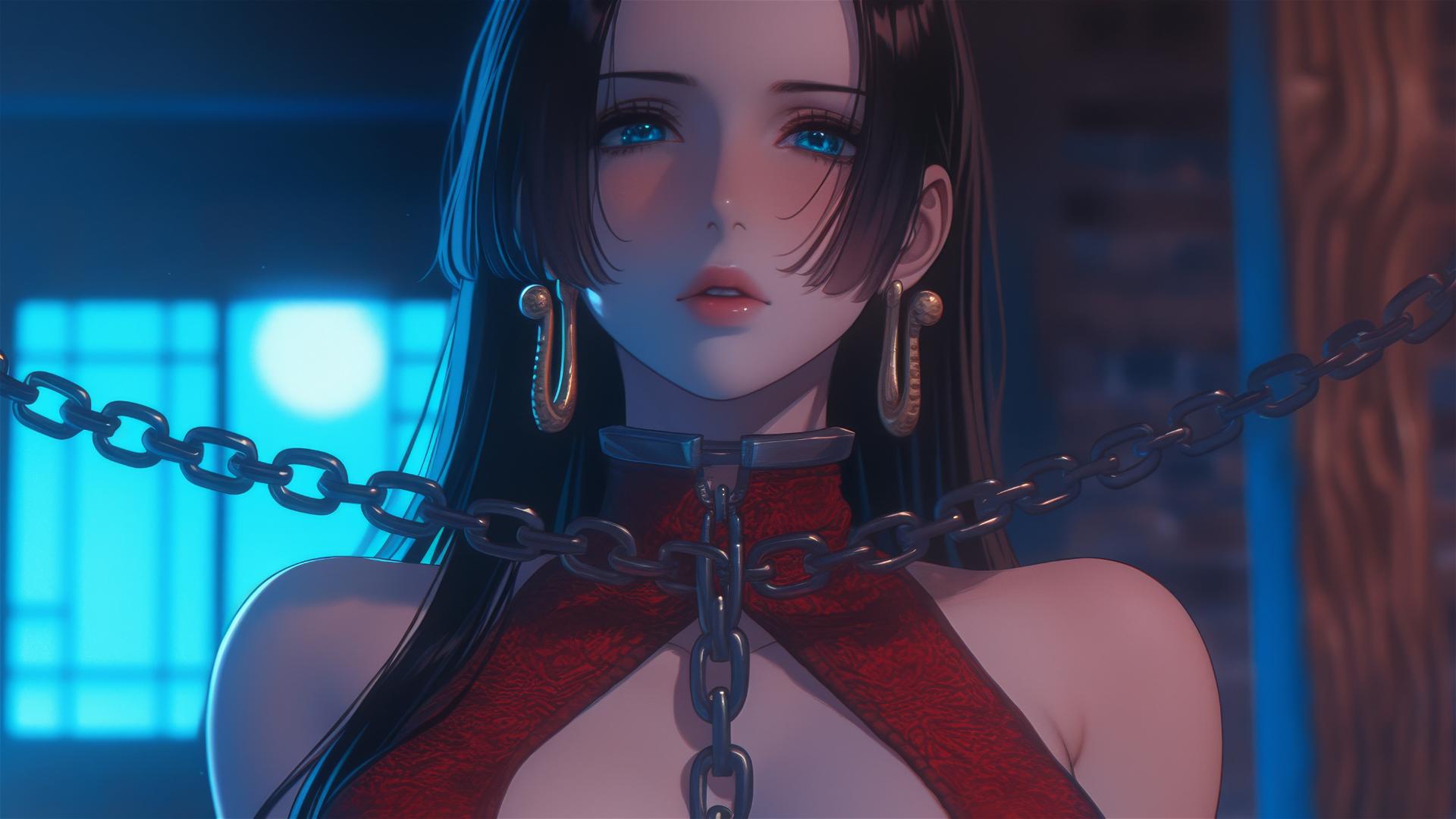 Boa Hancock from One Piece, chained, in moonlit modern hotel room