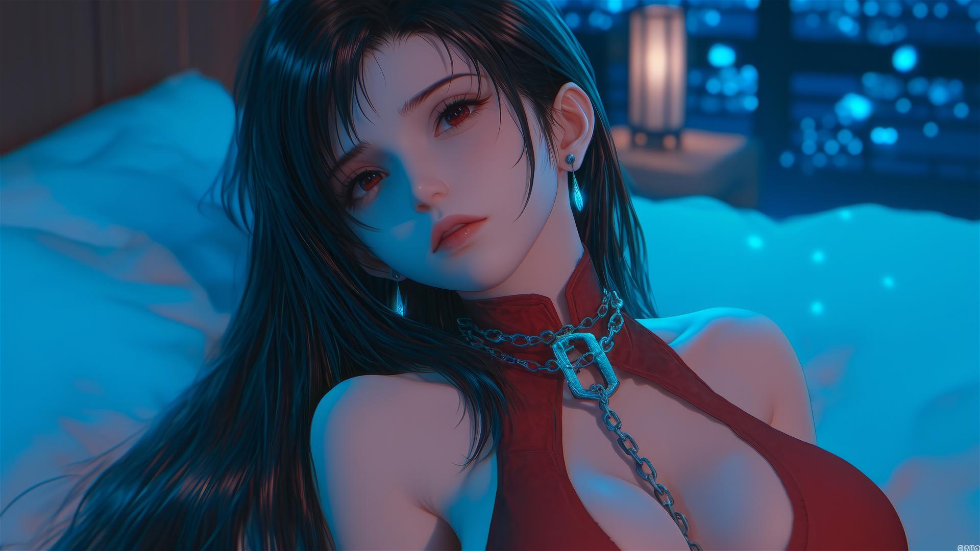 Tifa Lockhart in red with iron chains in a modern hotel room