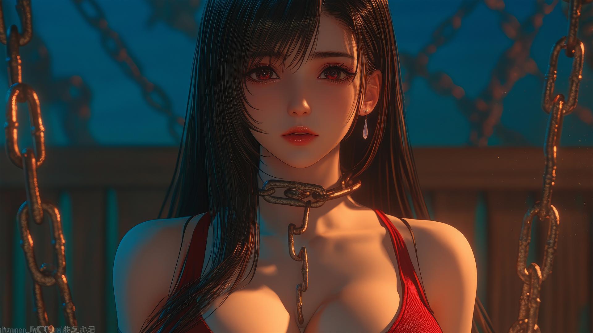 High angle of Tifa Lockhart with iron chains around neck in warm-lit modern hotel room