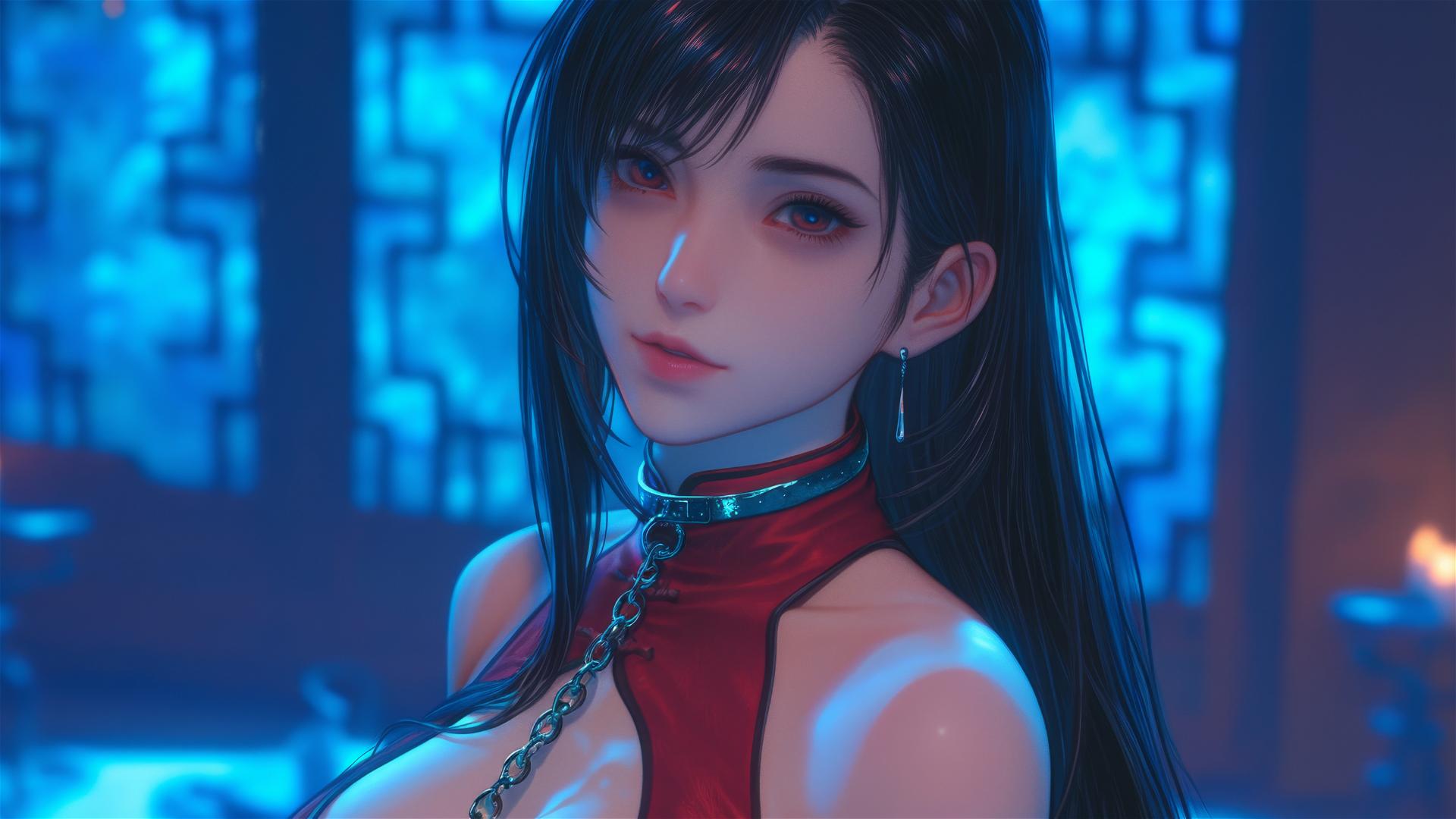 Tifa Lockhart from Final Fantasy in red, neck locked with iron chains, in a modern hotel room.