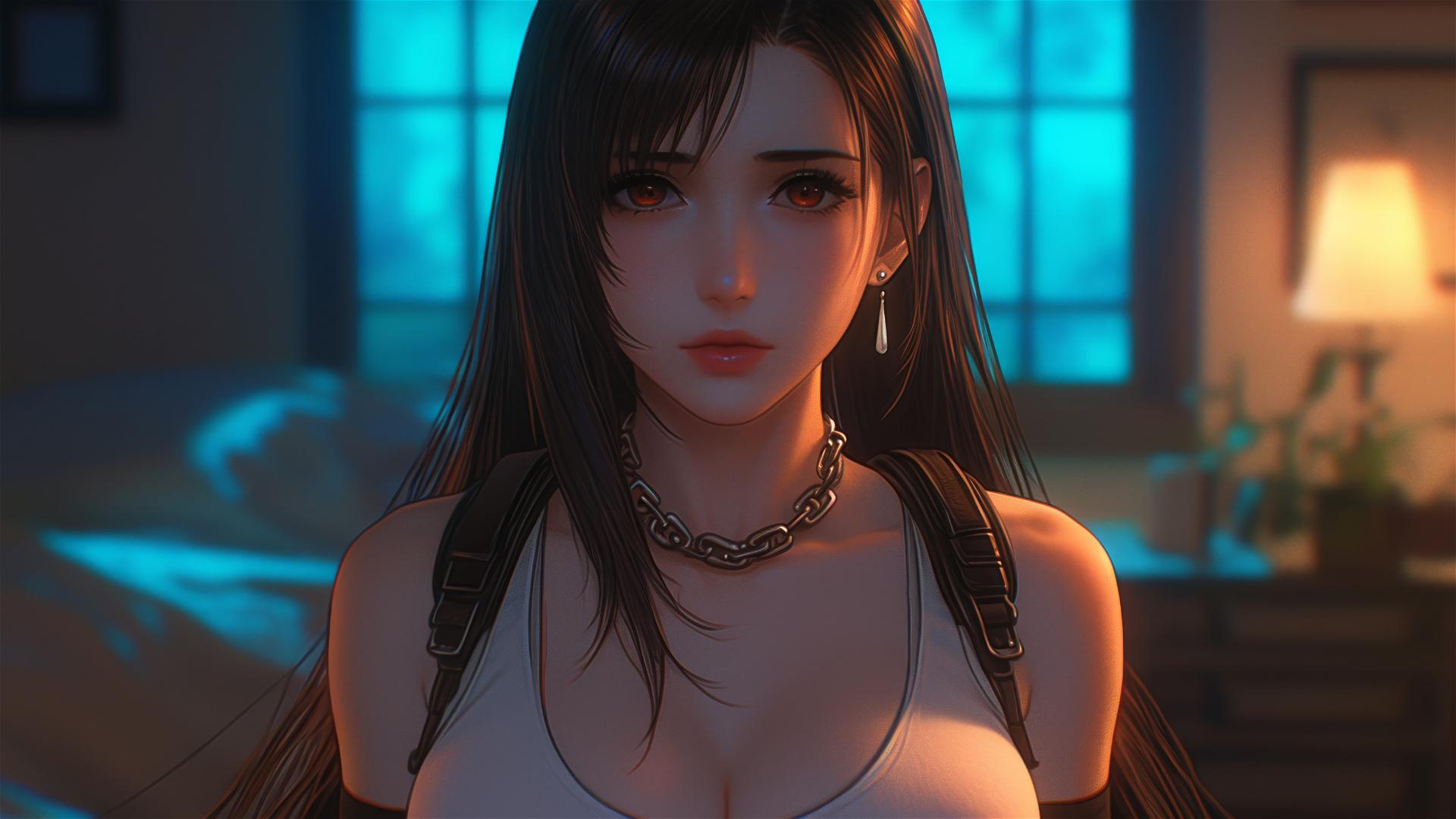 Tifa Lockhart from Final Fantasy in red with neck chained in a modern hotel room