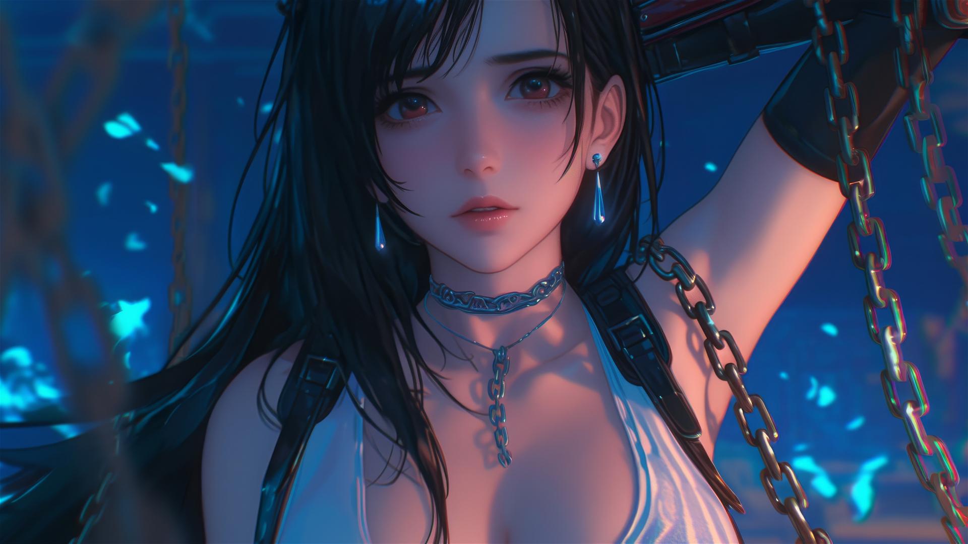 Tifa Lockhart in red, chained at the neck, in a warm-lit modern hotel room.