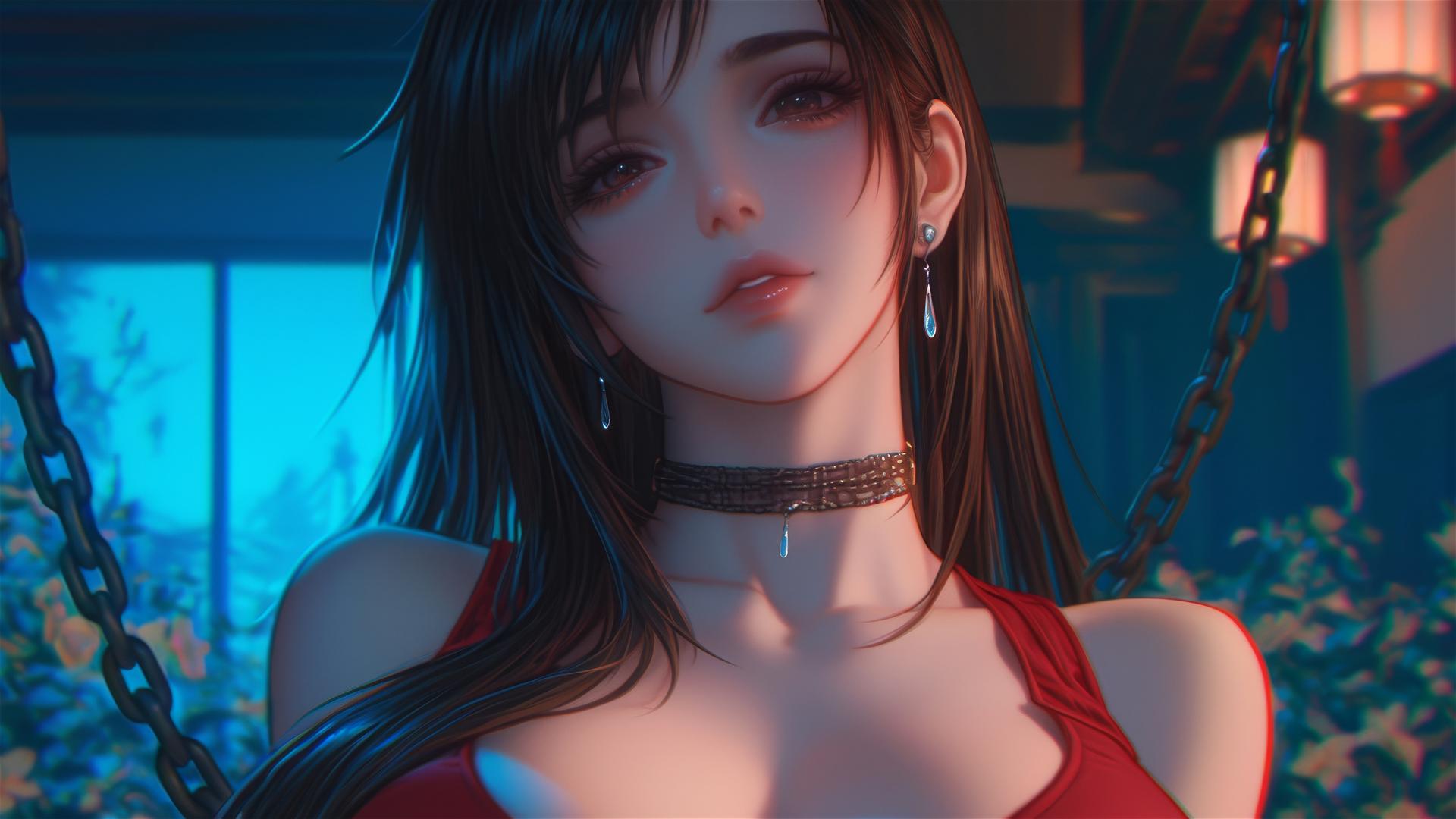 Tifa Lockhart in red outfit with iron chains around neck in warm-lit modern hotel room