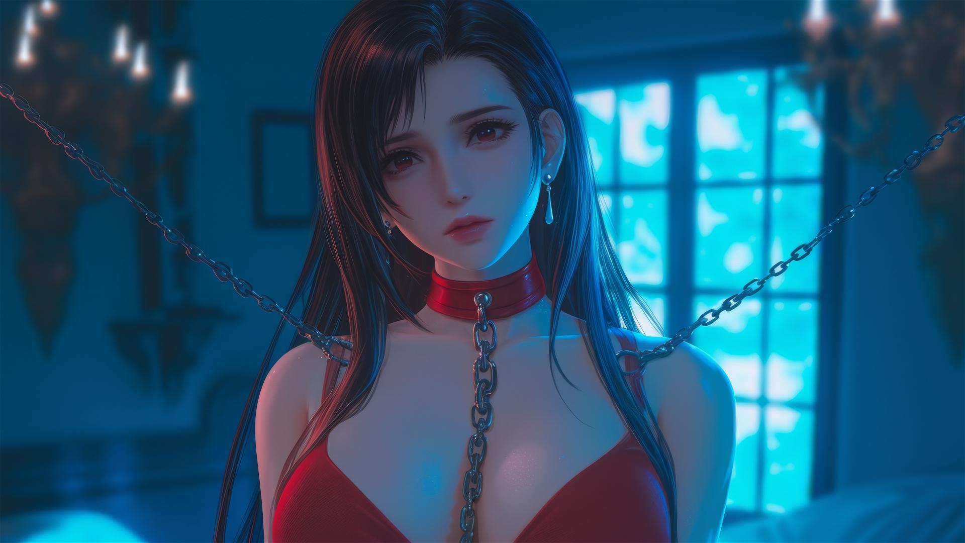 Tifa Lockhart in red entangled in iron chains with soft glow
