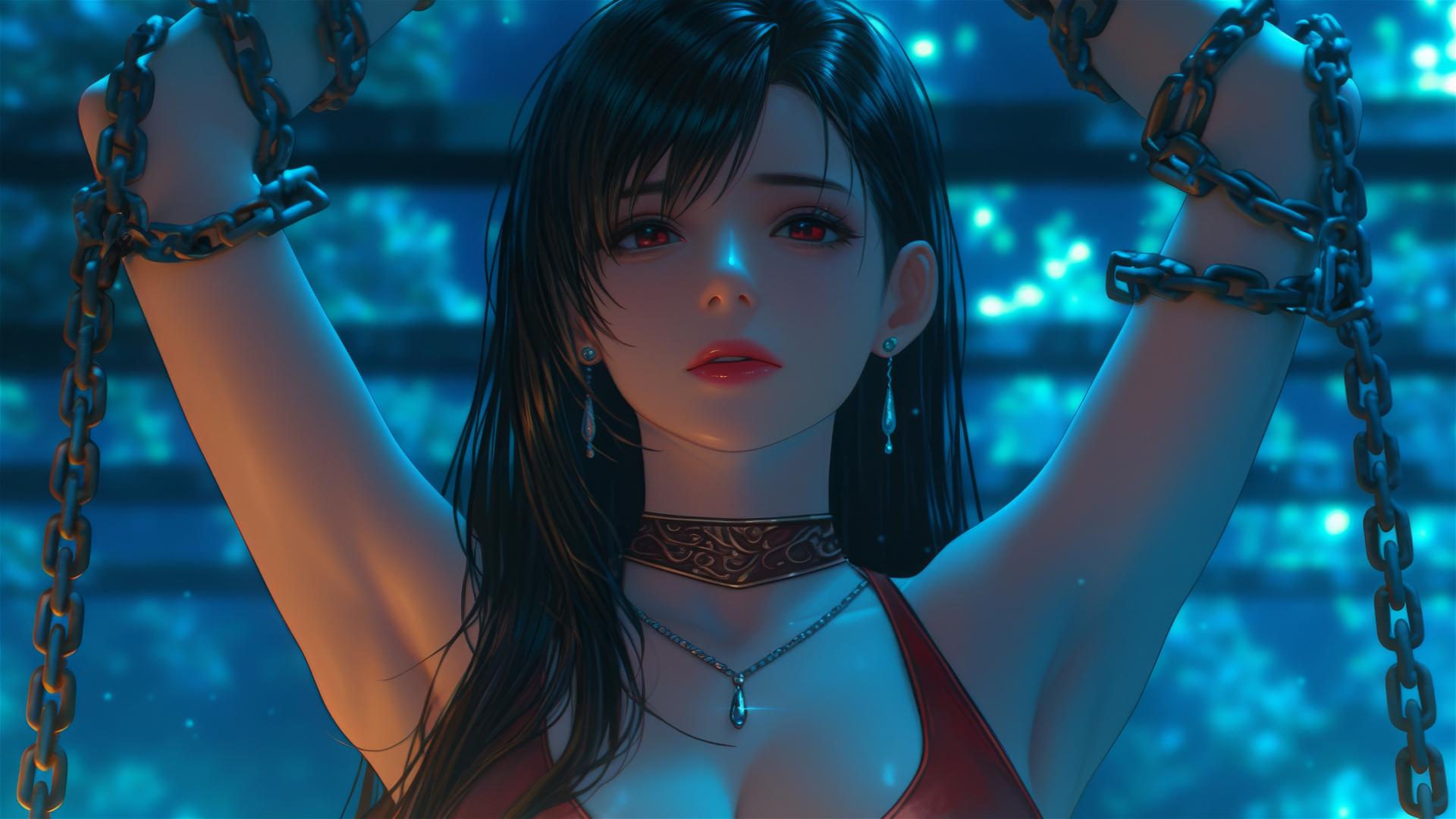 Tifa Lockhart in red, neck locked with thick iron chains, in a modern hotel room with warm light.