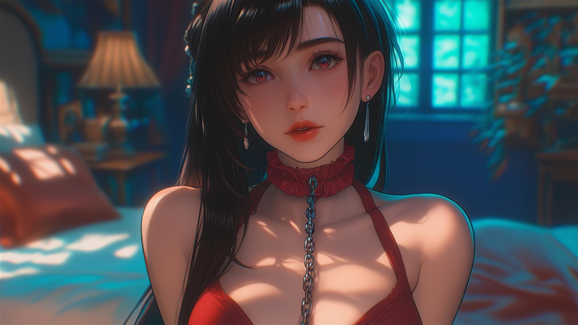 Tifa Lockhart in red, chained, in a modern hotel room with warm lighting