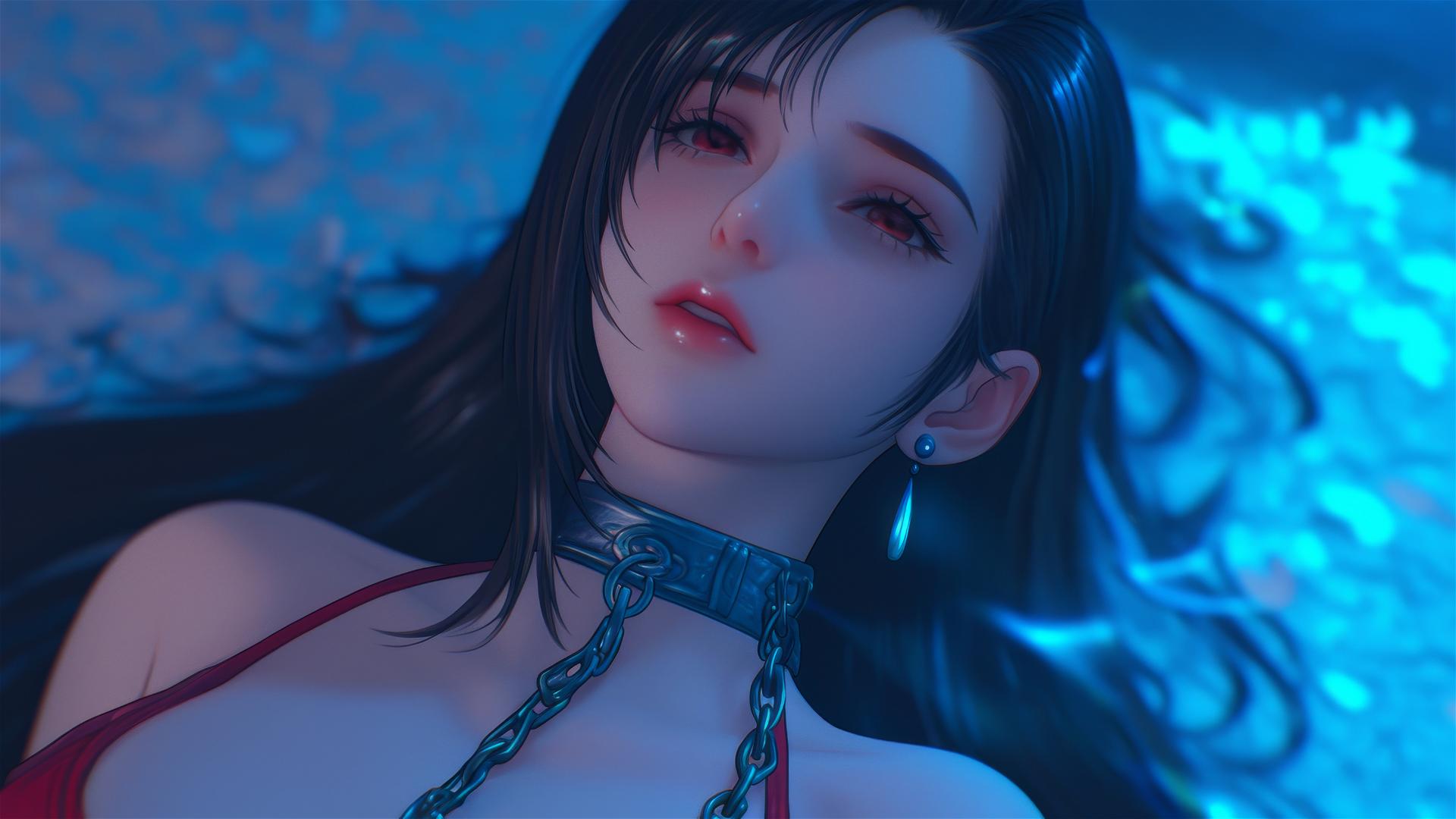 Tifa Lockhart in red, neck chained, in a warm-lit modern hotel room