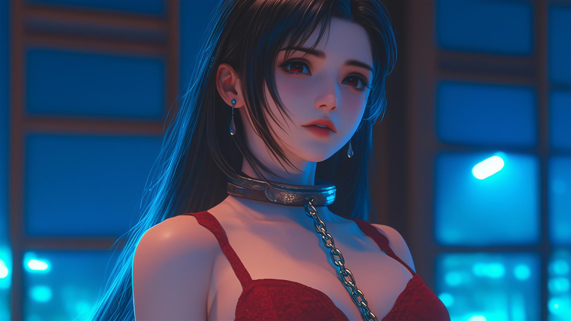 High-angle of Tifa Lockhart, neck locked with thick iron chains, in red attire, warm light glow.