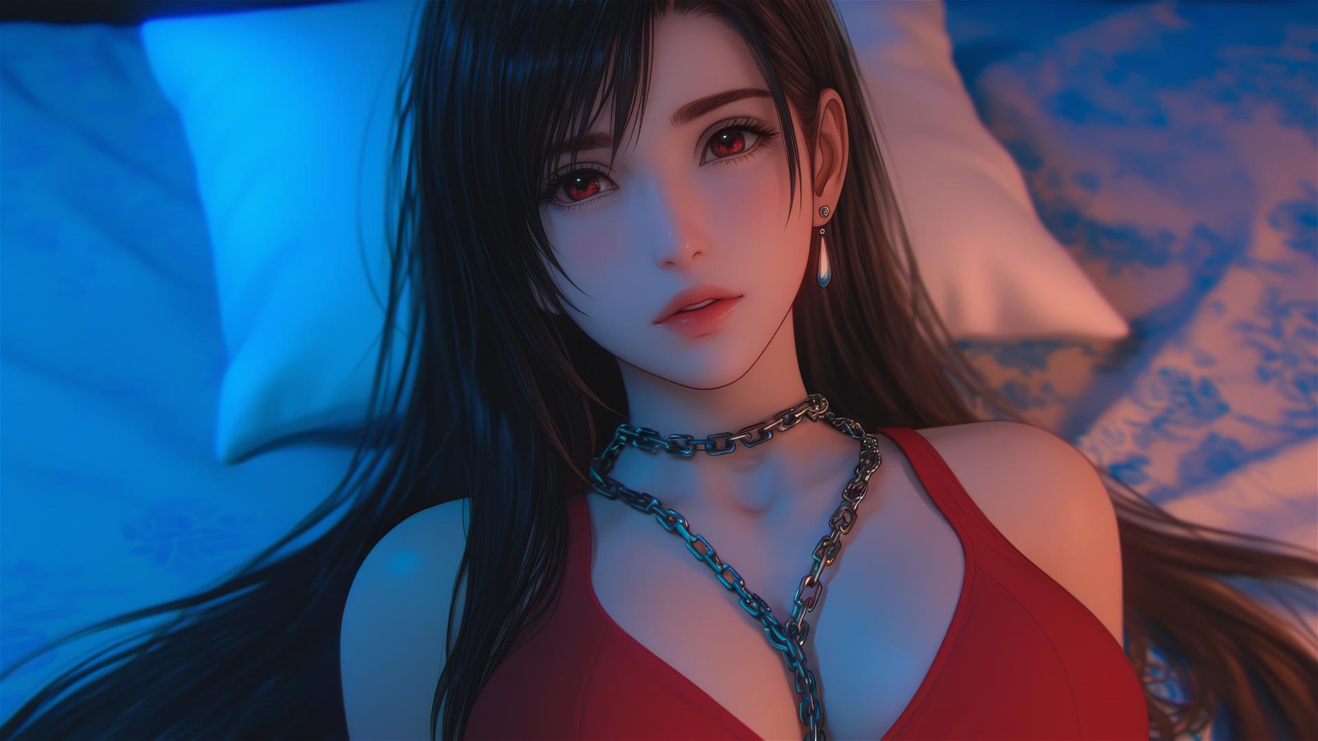 Tifa Lockhart in red, neck locked by thick iron chains, in a warm-lit modern hotel room.