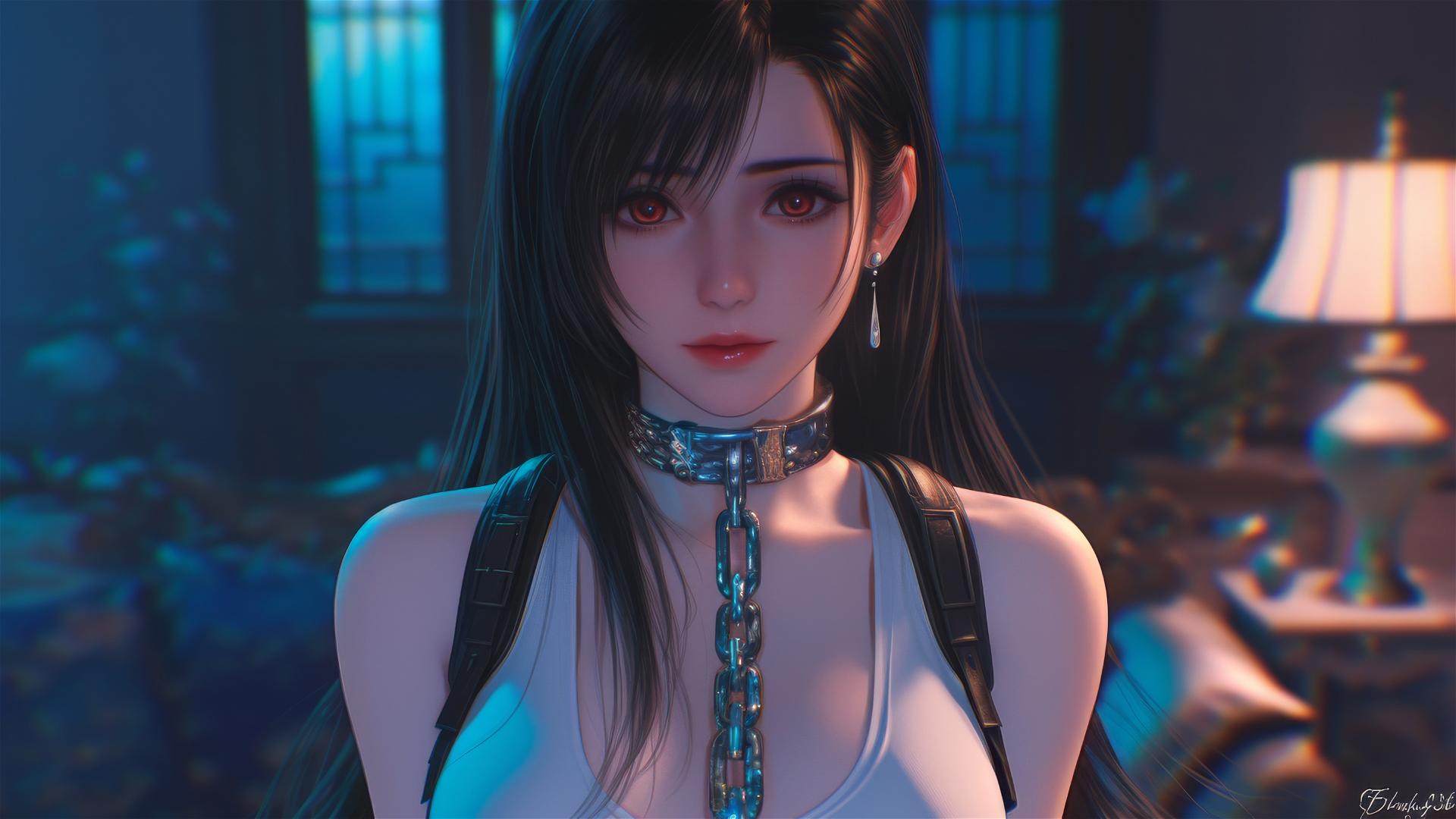 Tifa Lockhart chained in modern hotel room, wearing red, soft warm light
