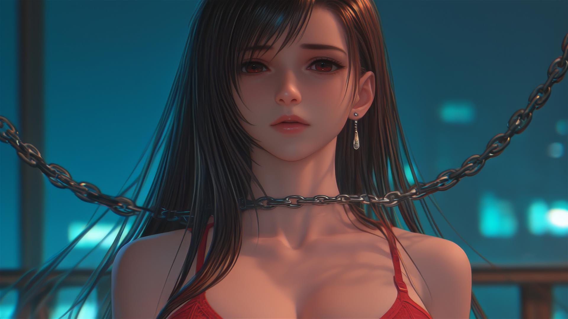 Tifa Lockhart in red dress, neck locked with thick iron chains, in a warm-lit modern hotel room.