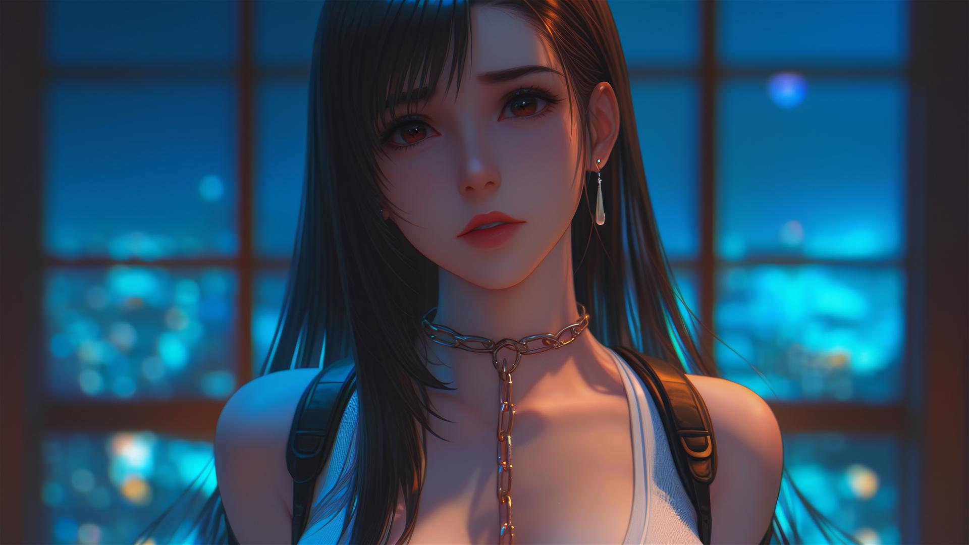 Tifa Lockhart in chains in a modern hotel with warm lighting