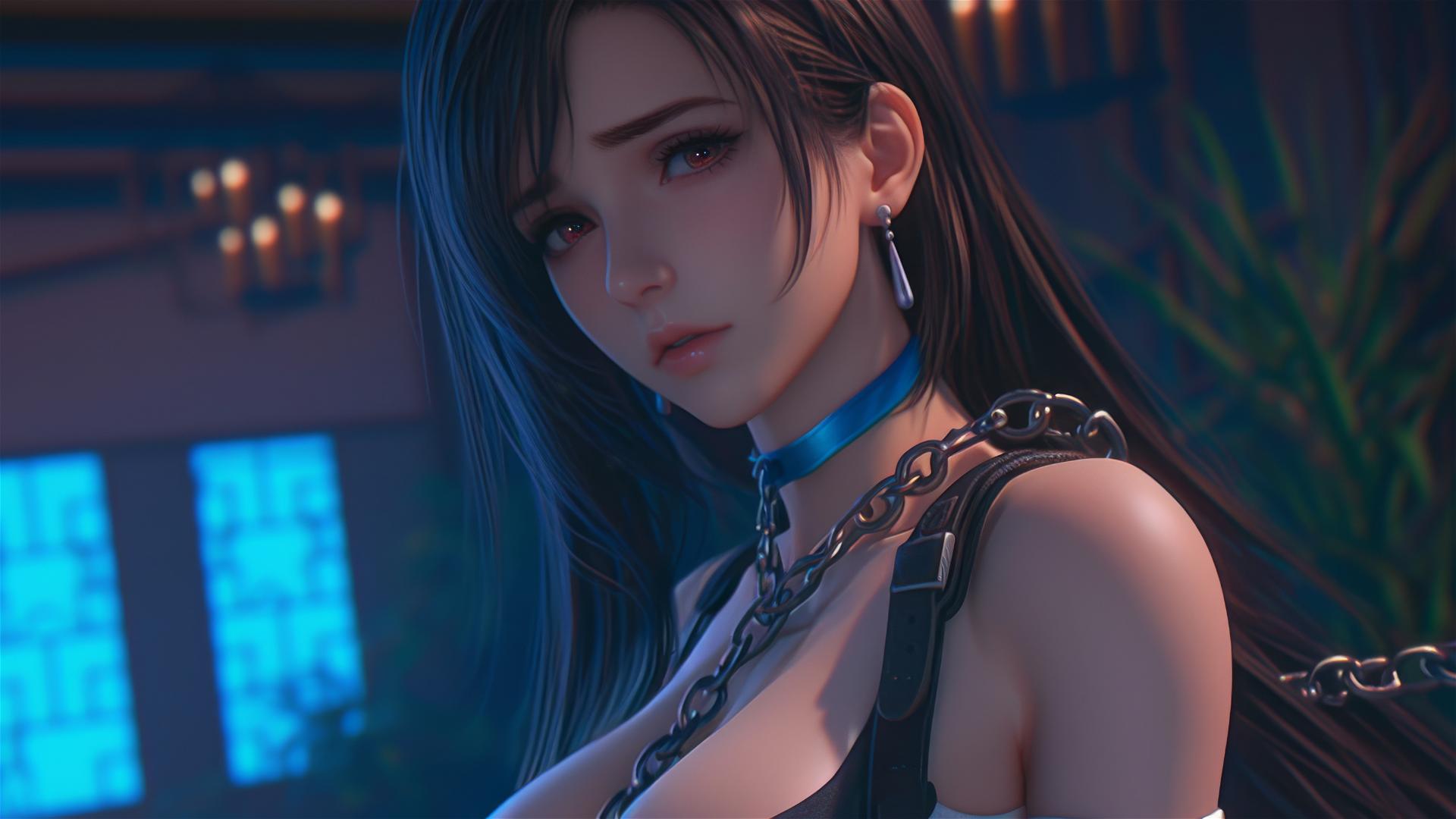 High angle of Tifa Lockhart in a modern hotel room with neck locked in thick iron chains, warm light casting a glow.