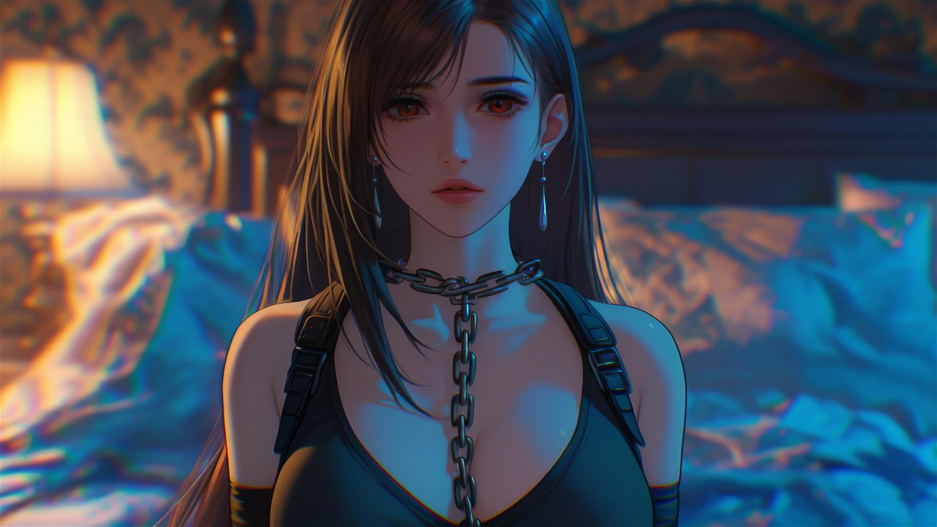 Tifa Lockhart in chains in a hotel room with warm lighting