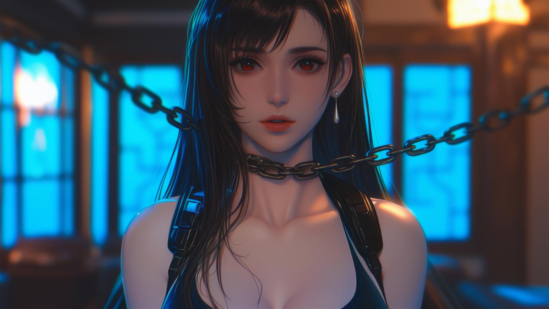 High angle of Tifa Lockhart in a modern hotel room with iron chains around her neck.