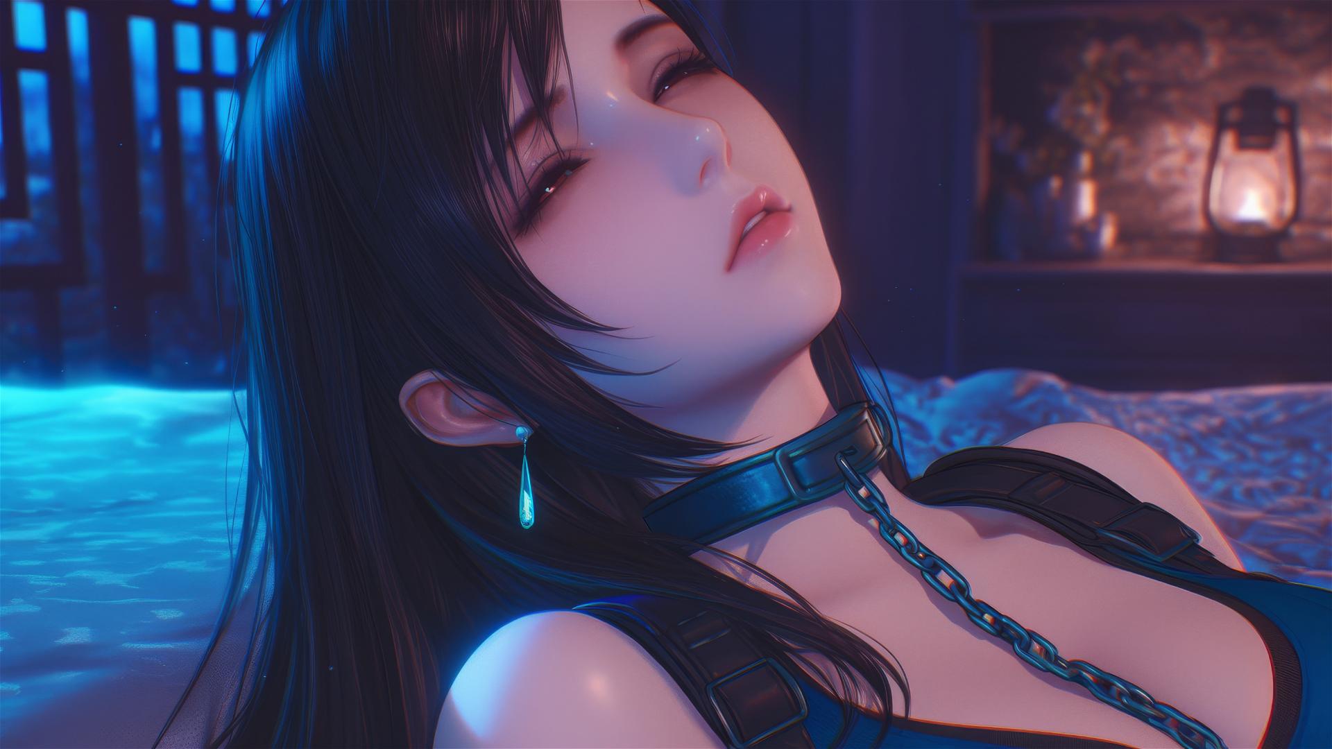 Tifa Lockhart in a modern hotel room with neck locked by thick iron chains, warm light