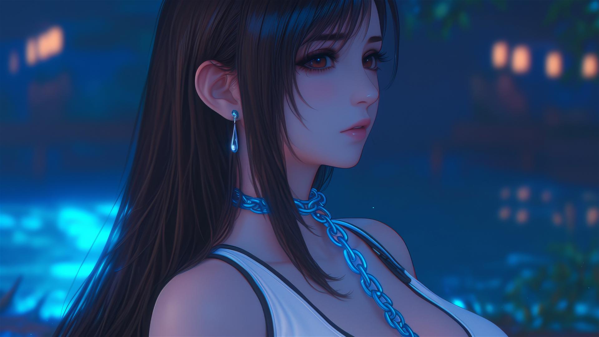 Tifa Lockhart from Final Fantasy with neck locked by thick iron chains in a modern hotel room