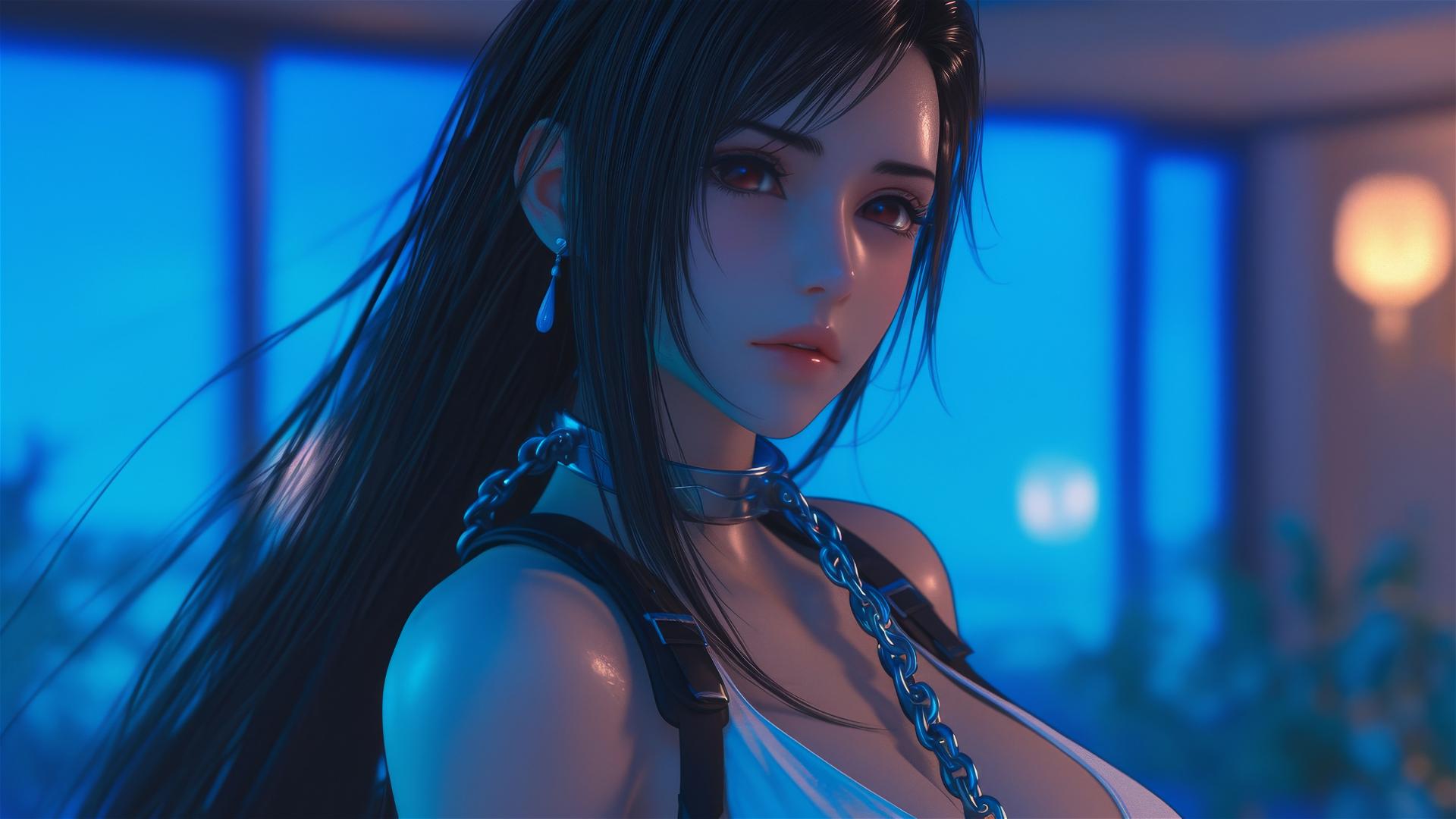 Tifa Lockhart in a modern hotel room with iron chains around her neck.