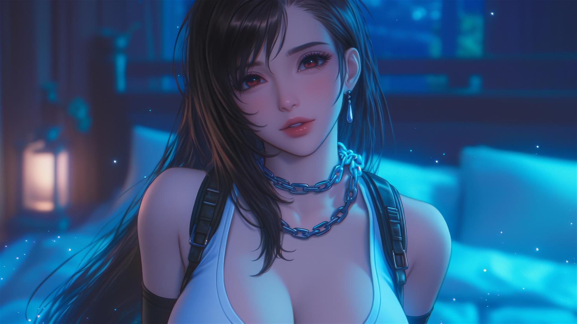 Tifa Lockhart from Final Fantasy with iron chains around her neck in a modern hotel room.