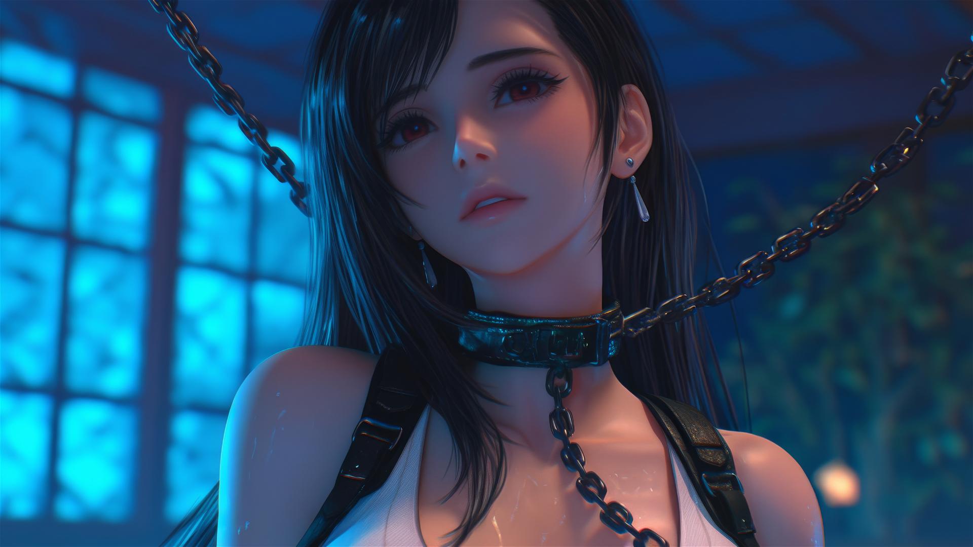 Tifa Lockhart with neck locked in thick iron chains in a modern hotel room
