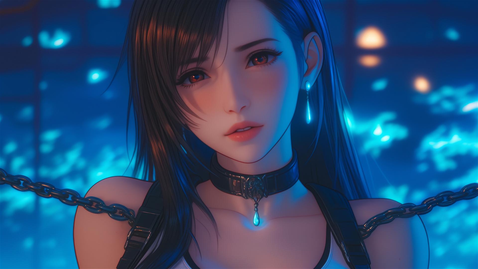 Tifa Lockhart with iron chains around neck in a warm-lit modern hotel.