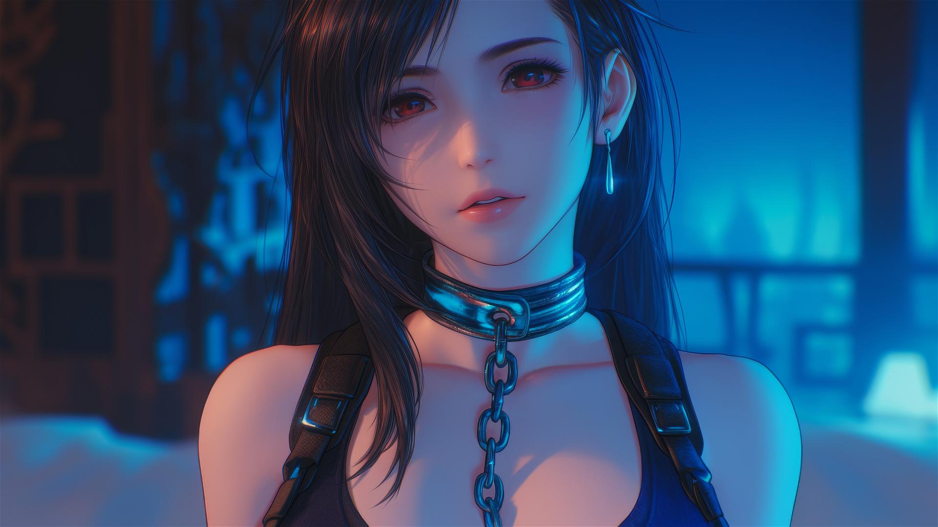 Tifa Lockhart from Final Fantasy in chains, in a warm-lit modern hotel room