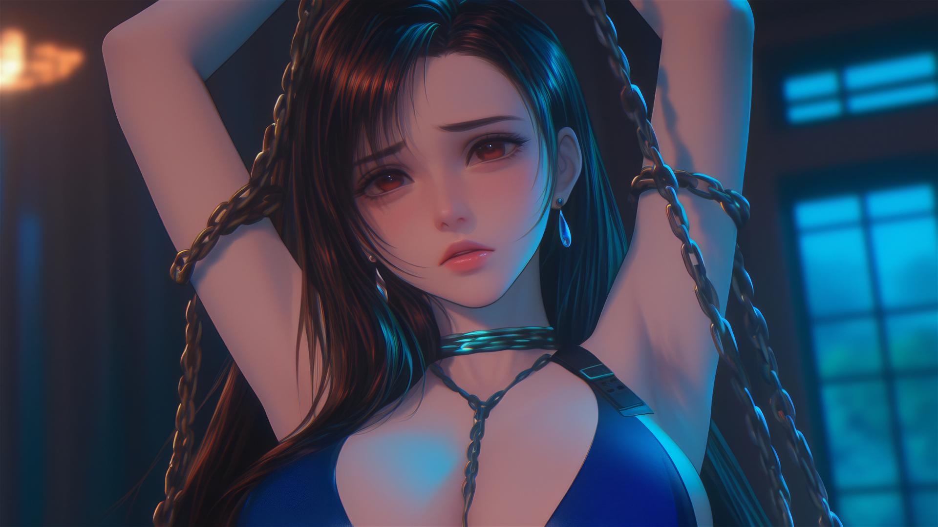 Tifa Lockhart in modern hotel with thick iron chains around neck