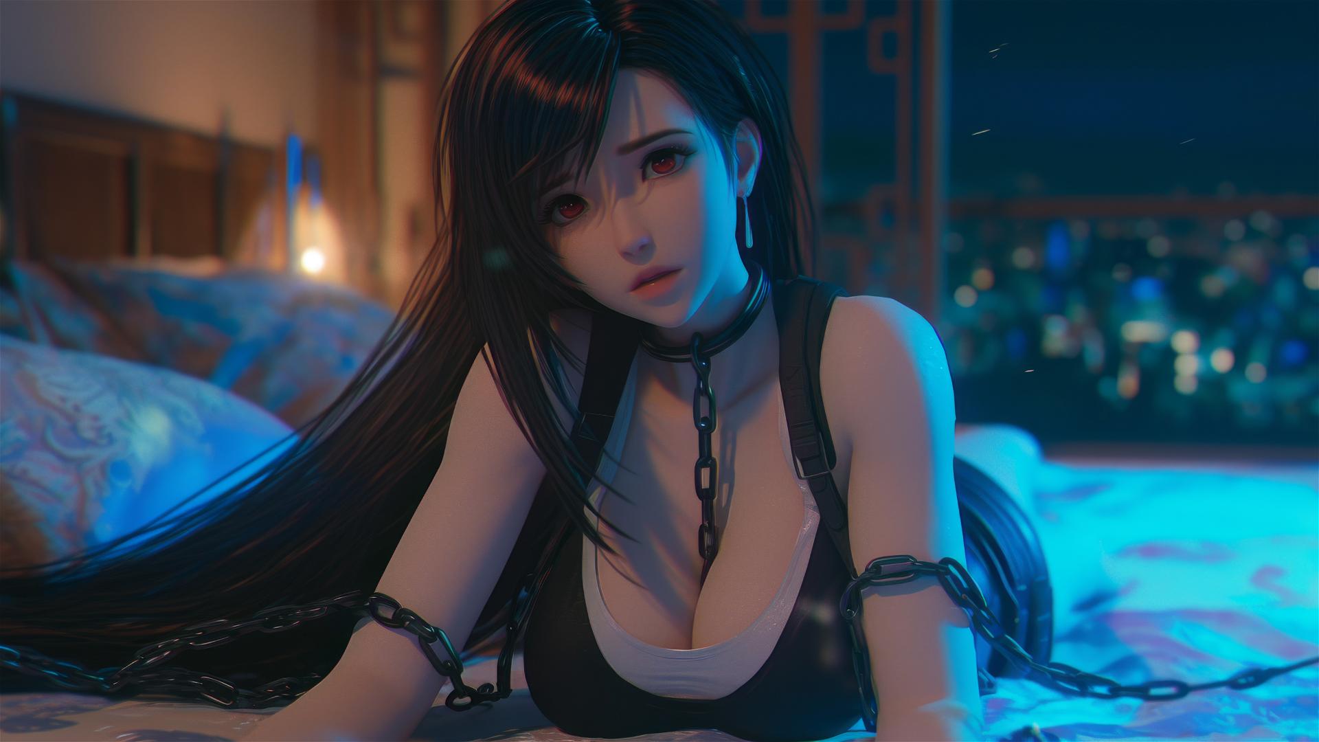High angle view of Tifa Lockhart with thick iron chains around her neck in a modern hotel room.