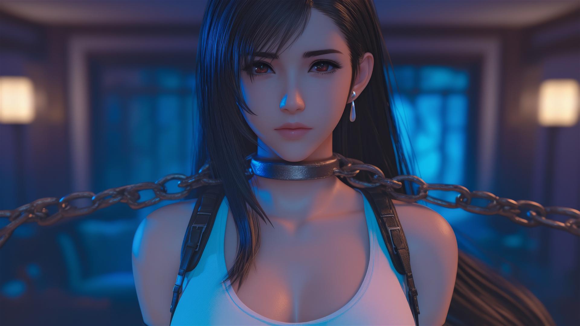 Tifa Lockhart in chains with warm light in hotel