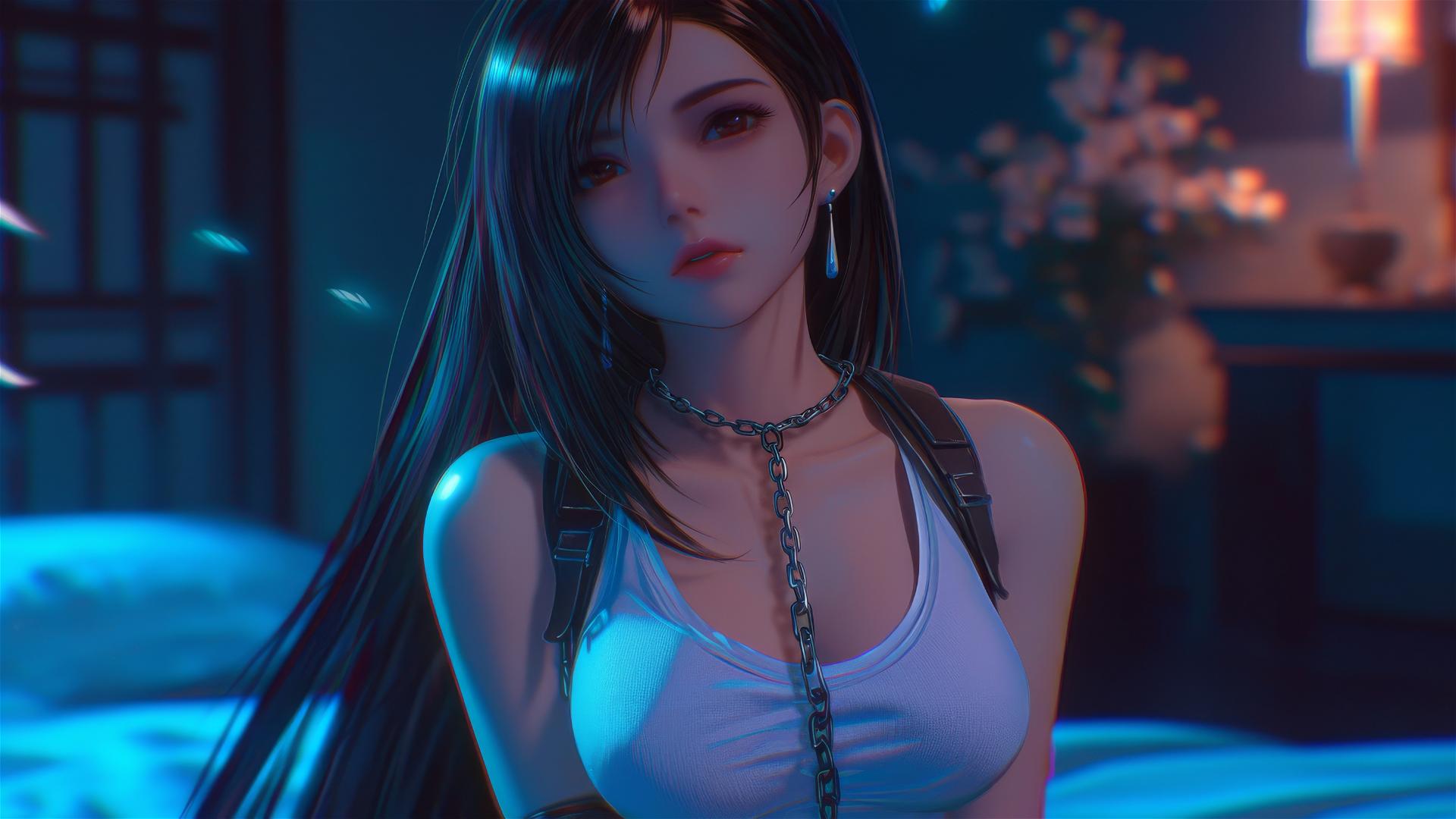High angle of Tifa Lockhart with neck locked in thick iron chains in a warm-lit modern hotel room.