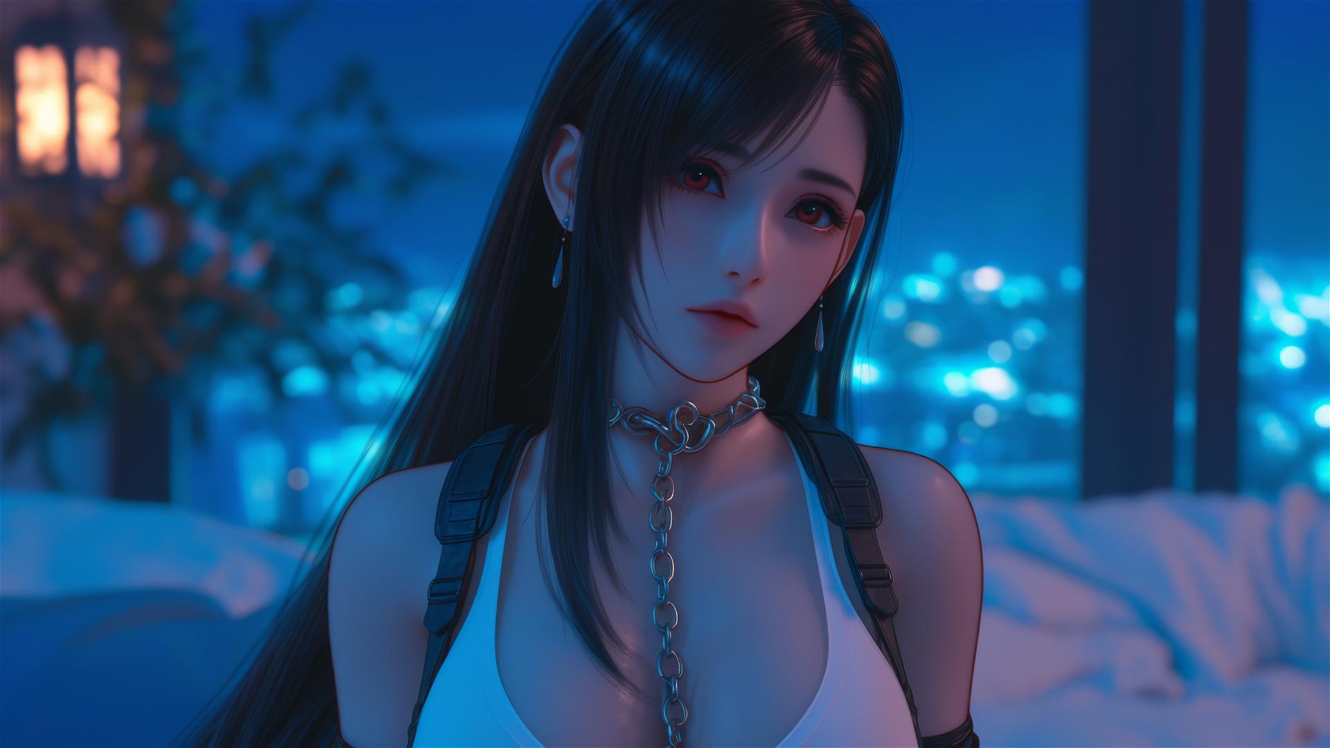 High angle of Tifa Lockhart from Final Fantasy, neck locked with iron chains, in modern hotel room.