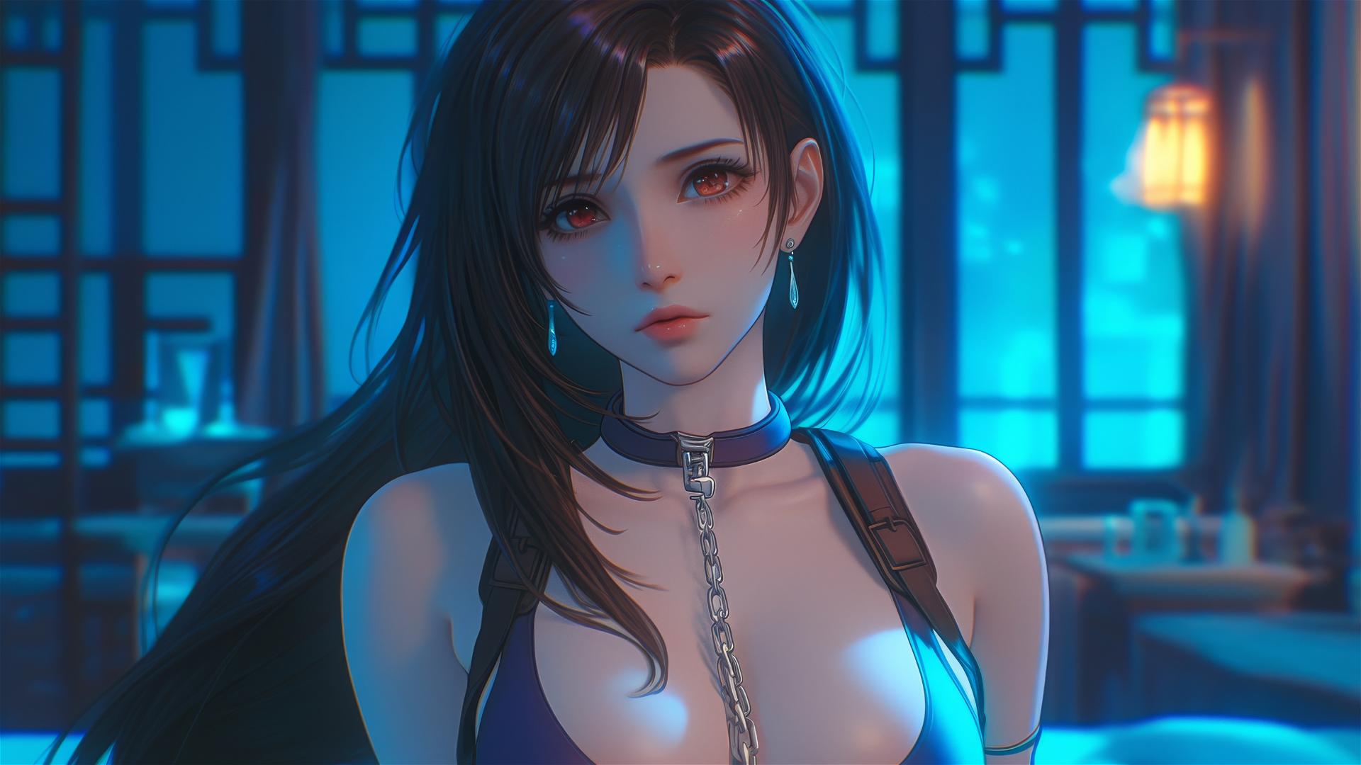 High angle of Tifa Lockhart from Final Fantasy chained in a modern hotel room with warm light.