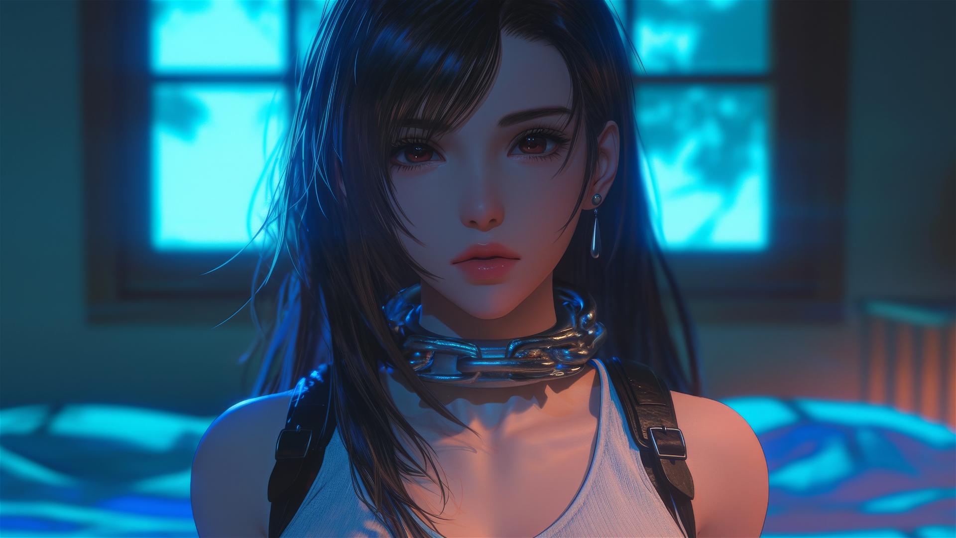 High angle of Tifa Lockhart with neck locked in thick iron chains in a modern hotel room