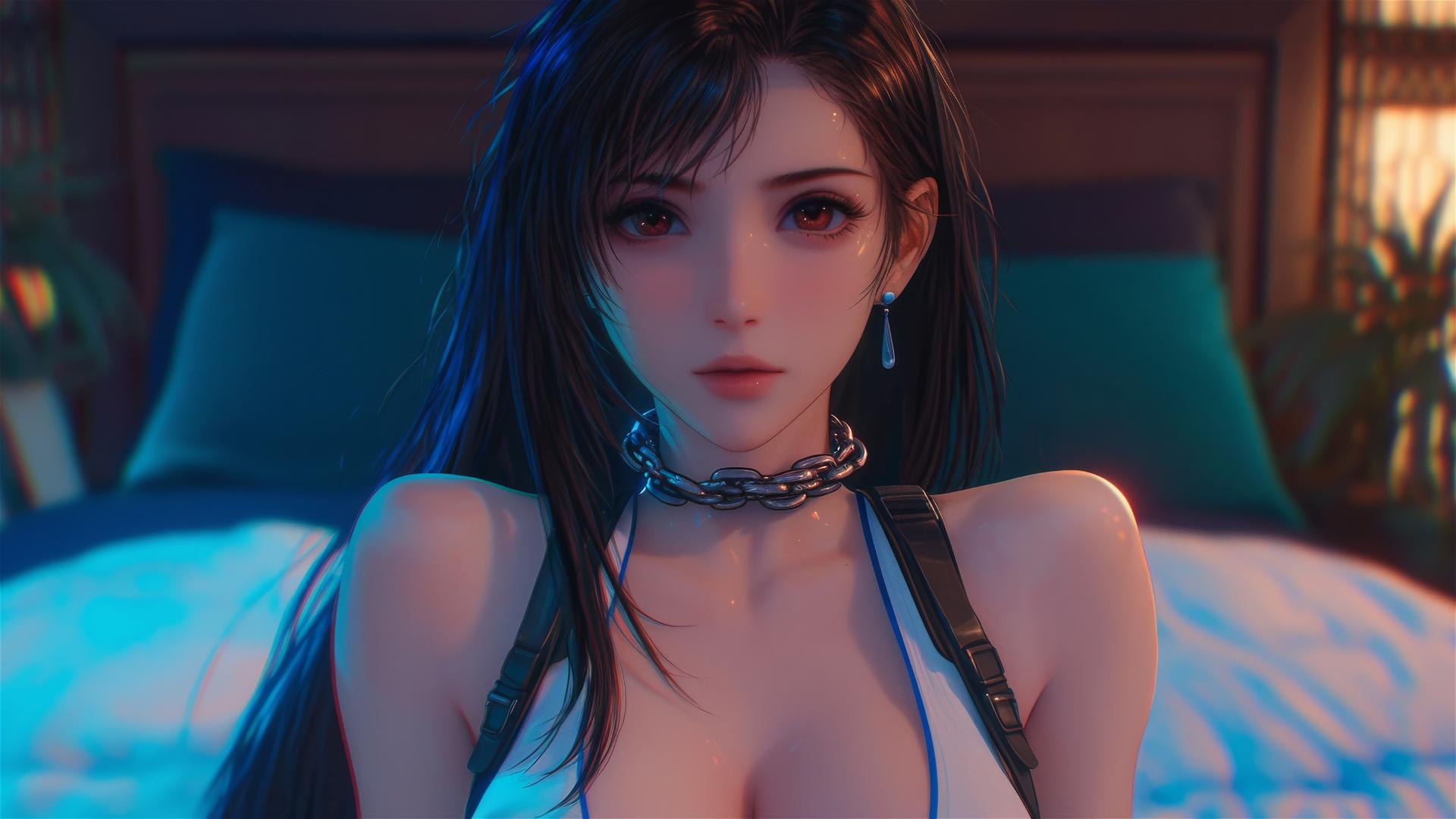 Tifa Lockhart bound by iron chains in a modern hotel room