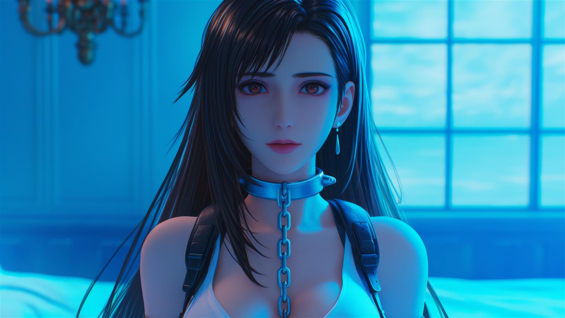 High angle of Tifa Lockhart with iron chains around her neck in a modern hotel room.