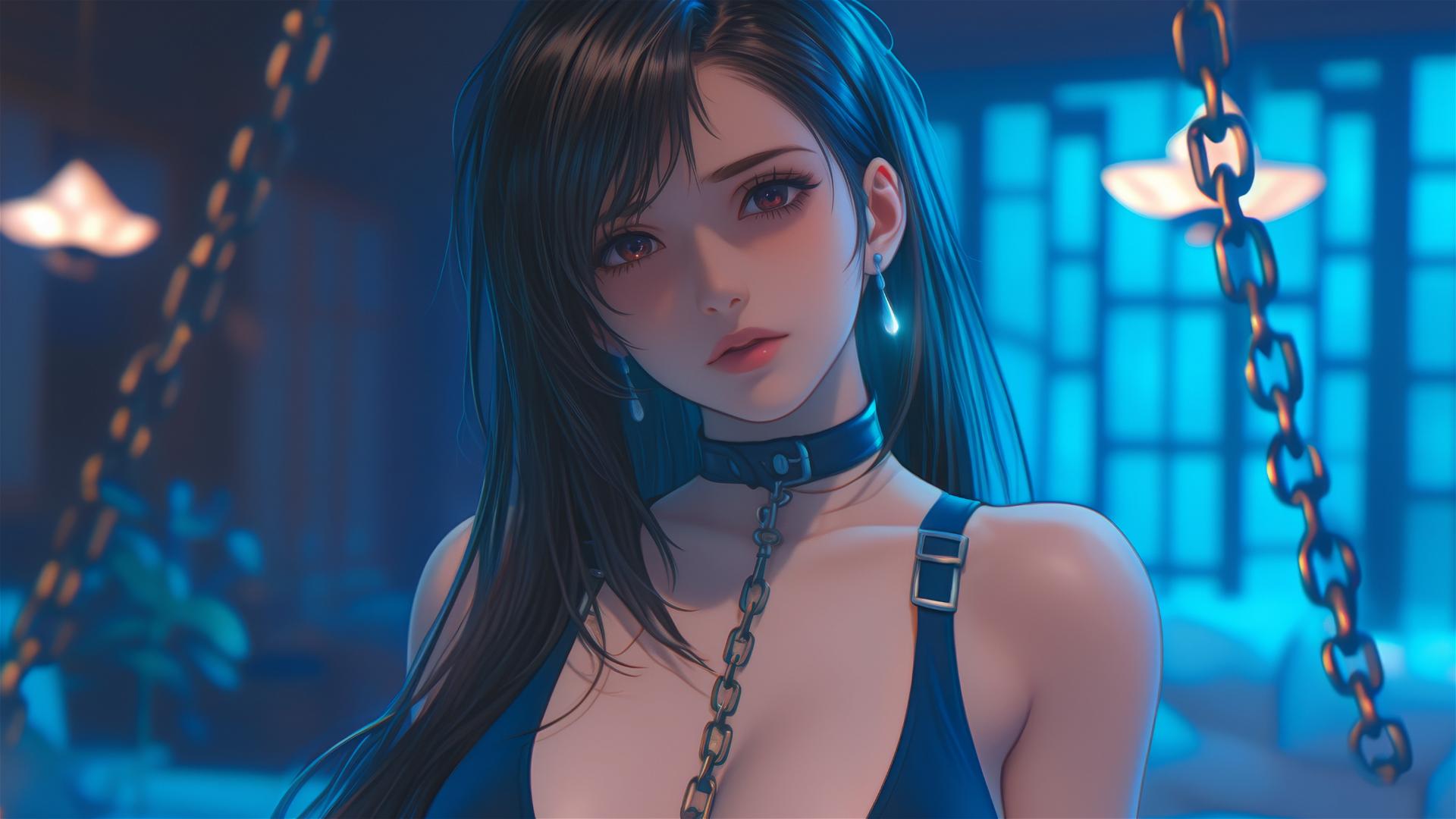 High angle of Tifa Lockhart with iron chains around her neck in a modern hotel room