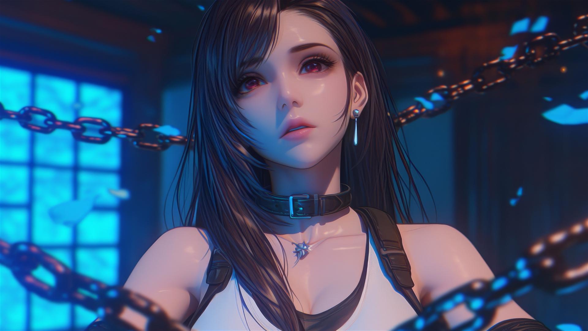 Tifa Lockhart chained in a modern hotel room, warm light highlighting her.