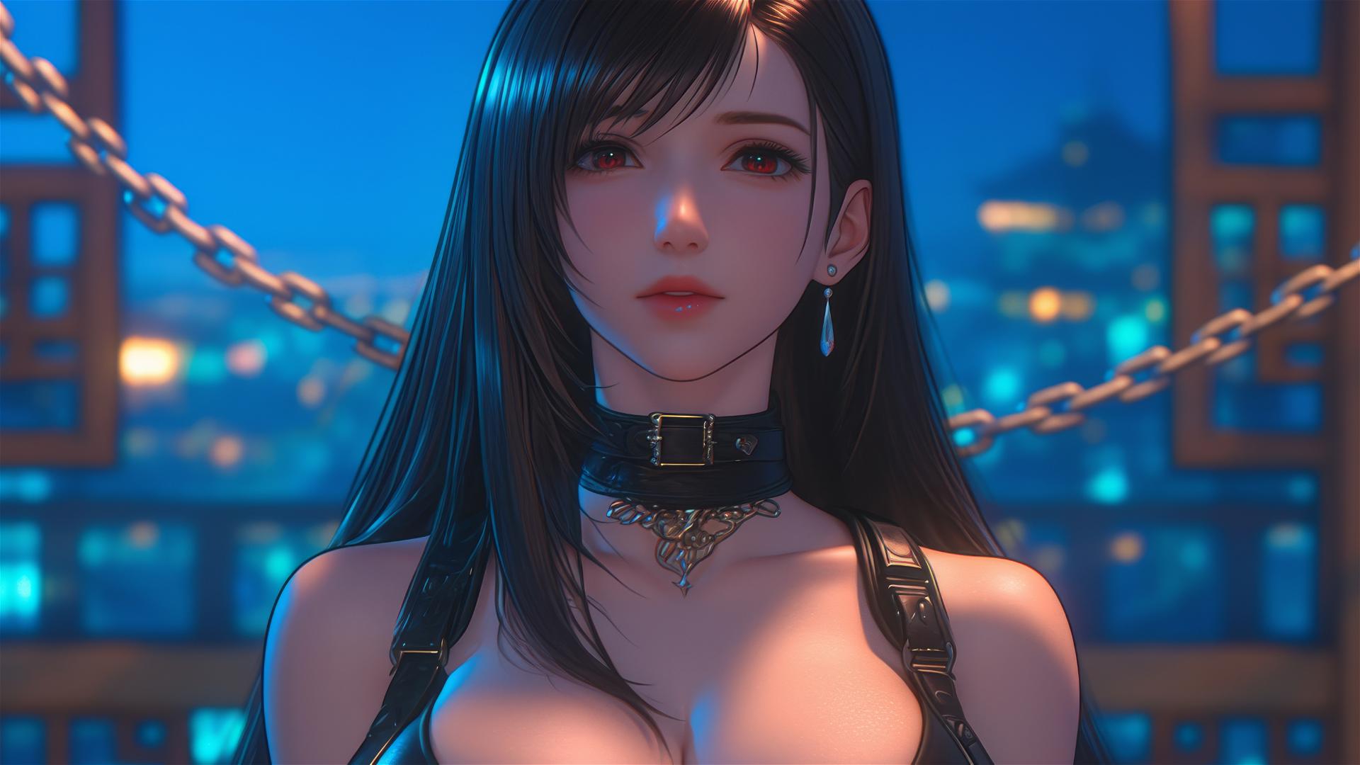 Tifa Lockhart chained in a modern hotel, warm light illuminating her
