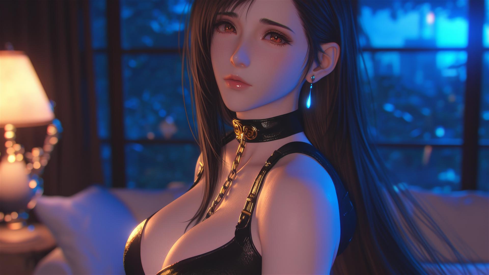 Tifa Lockhart in black leather, neck locked with iron chains, warm light.