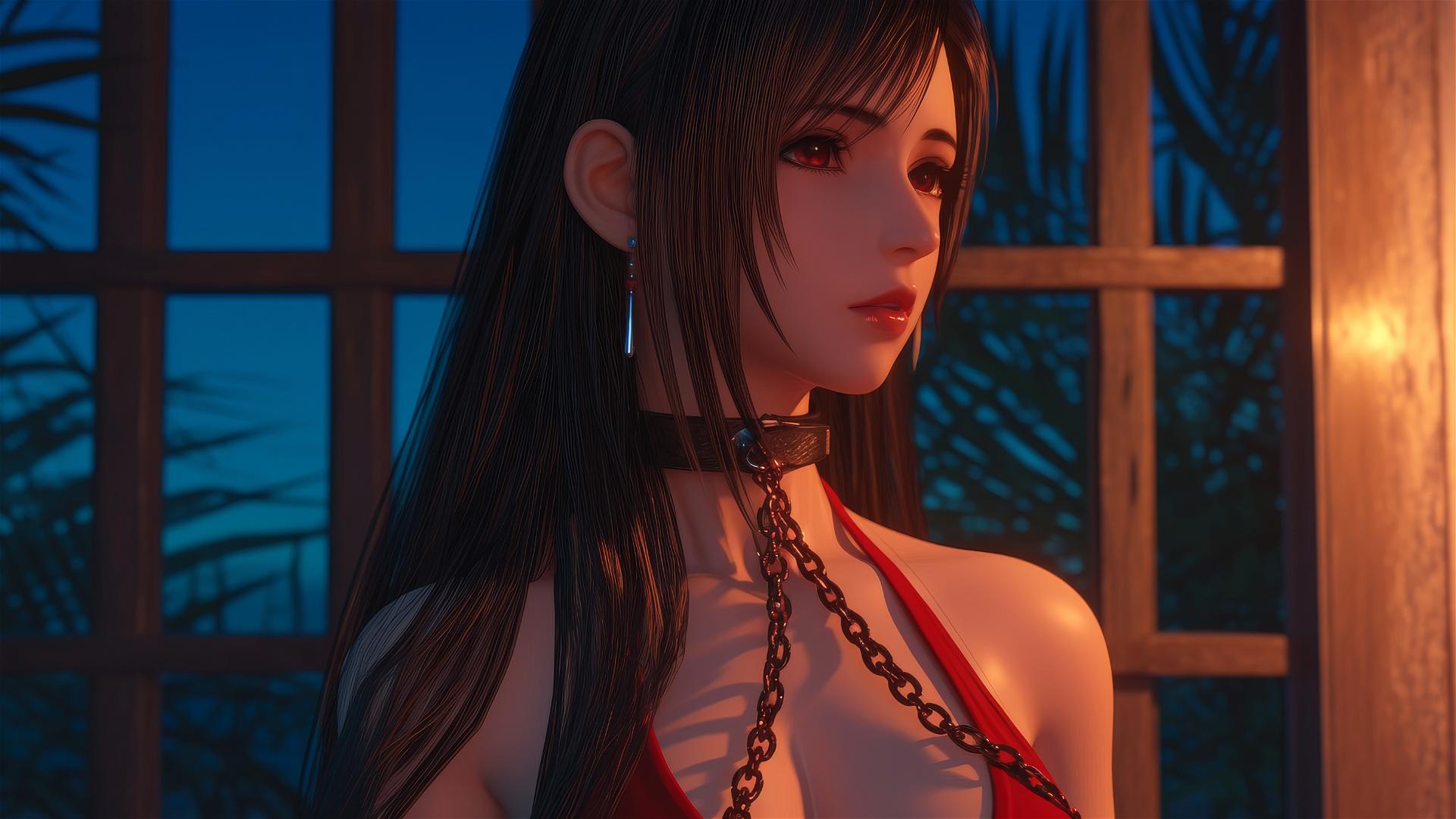Tifa Lockhart in red, chained in a hotel with warm glow