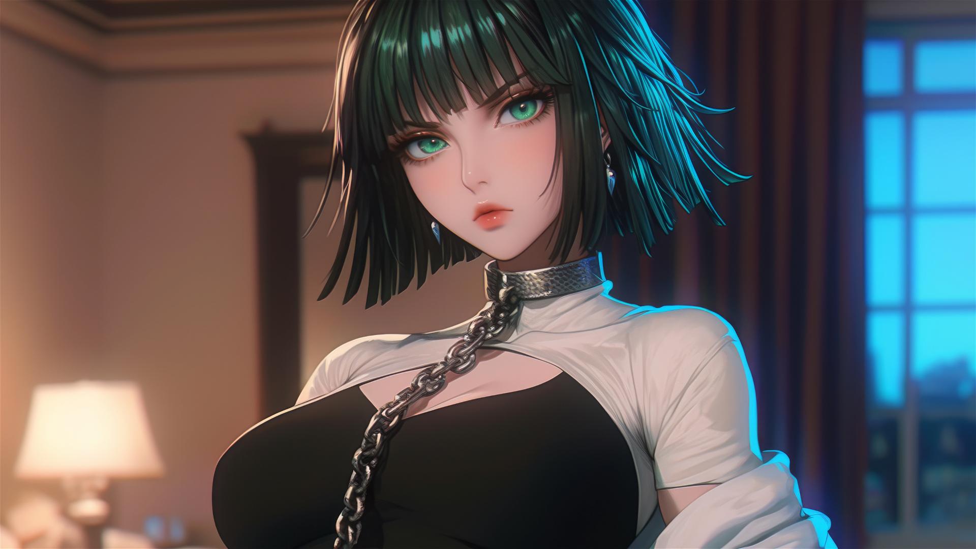 Fubuki from One Punch Man locked in chains in a neon-lit modern hotel room