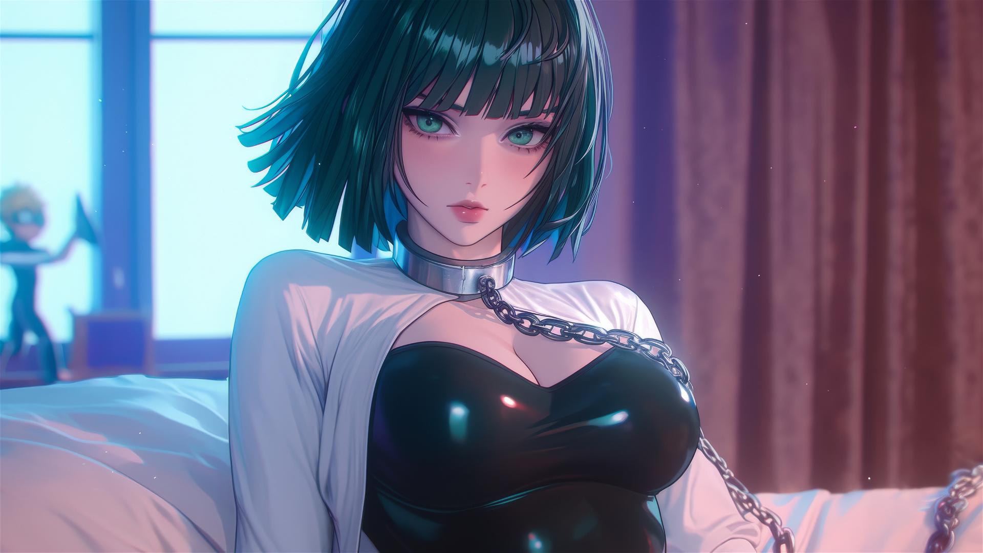 Fubuki from One Punch Man chained in a neon-lit modern hotel room.