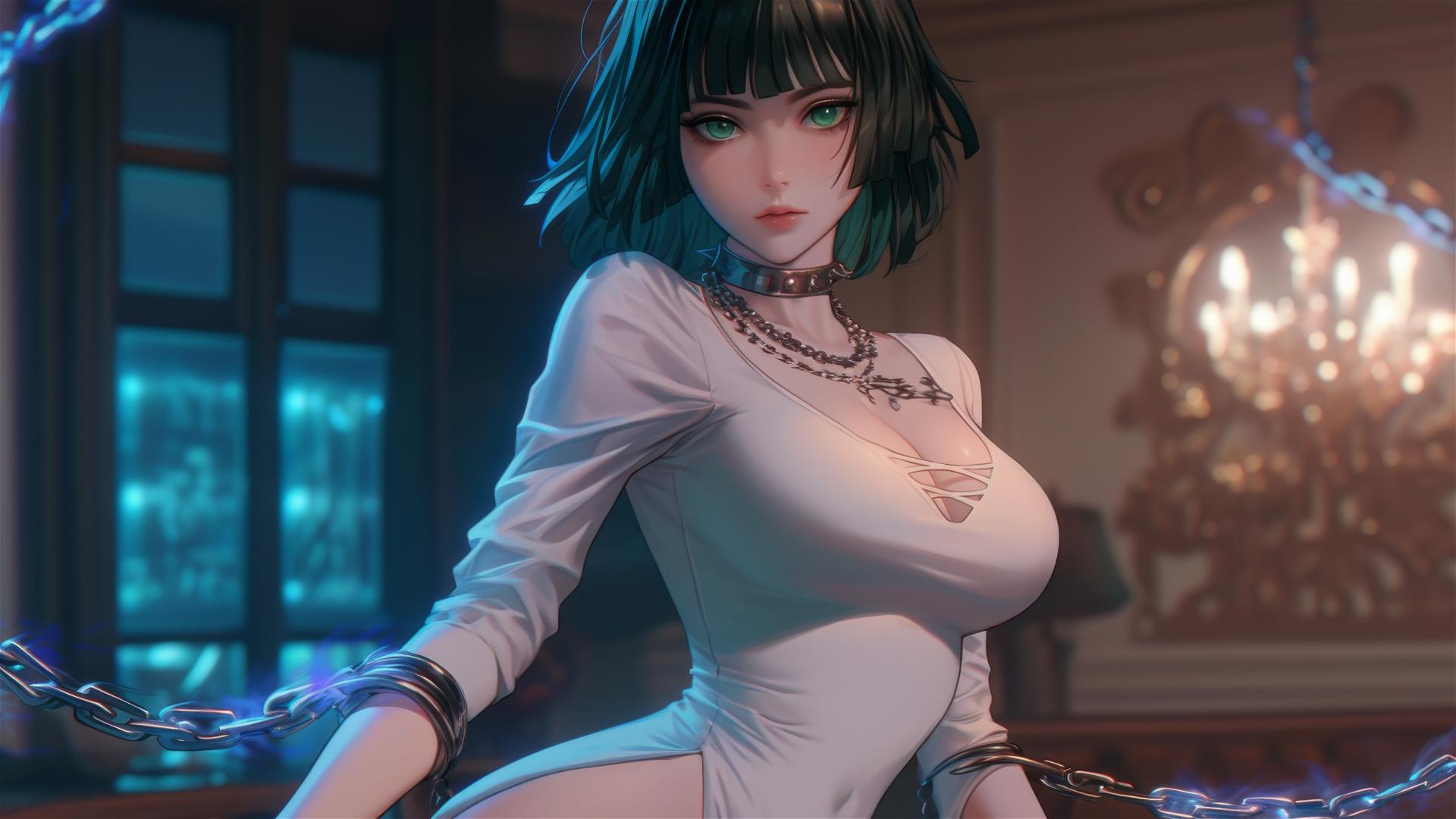 Fubuki from One Punch Man as a cat girl, chained in a modern neon-lit hotel room.